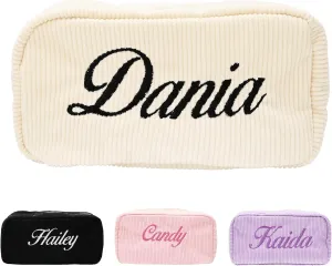 Customizable Embroidery Makeup Bag With Name, Personalized Makeup Stuff for Women, Corduroy soft Pencil/Makeup Case Organizer for Gifts, Travel and Dorm Essentials, Portable Carry-On