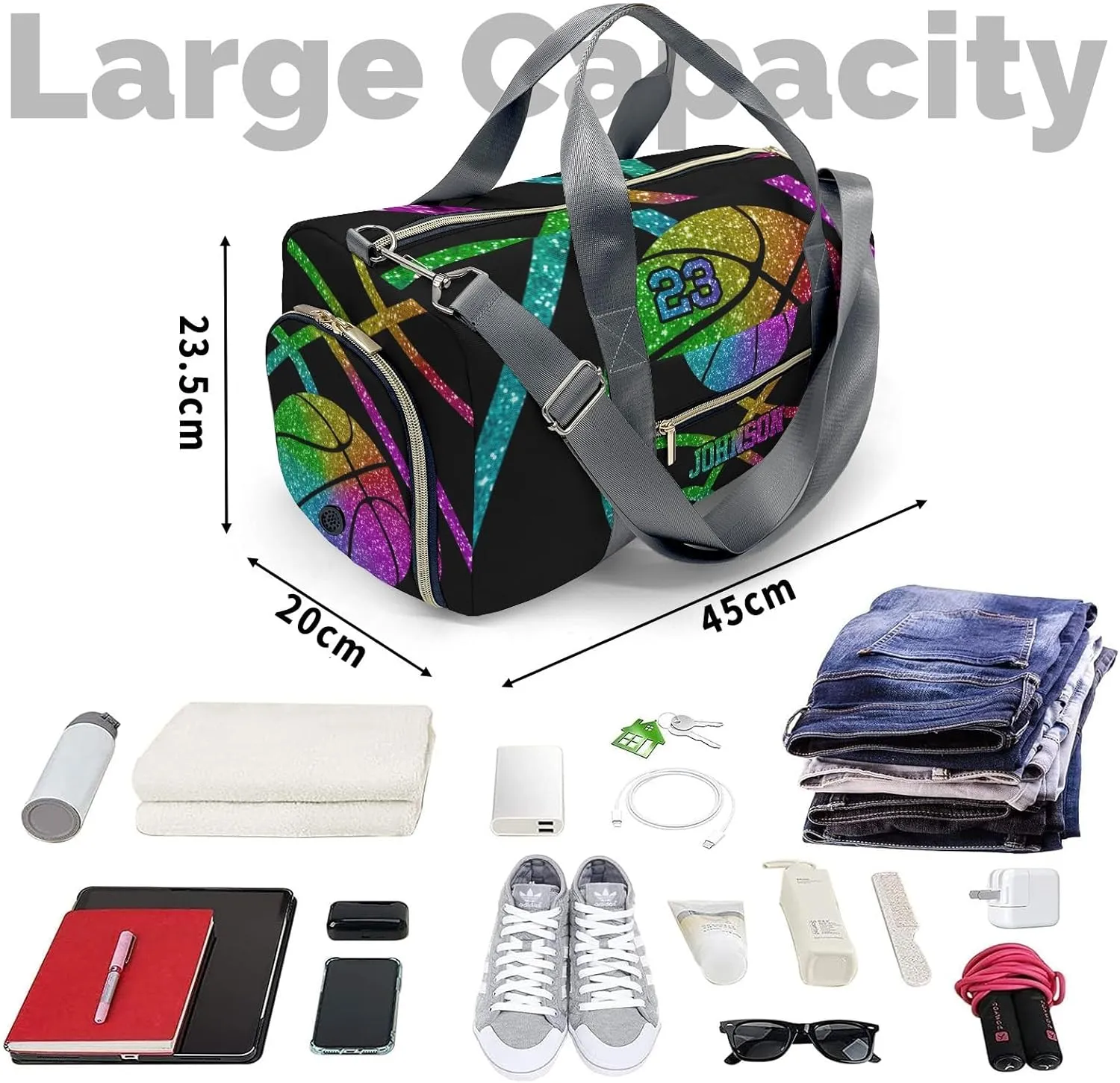 Custon Name Basketball Rainbow Gym Sport Yoga Duffel Bag Sport Player Travel Bag,Sport Gym Bag Personalized Gift for Travel Hand Bag Carry on Bag