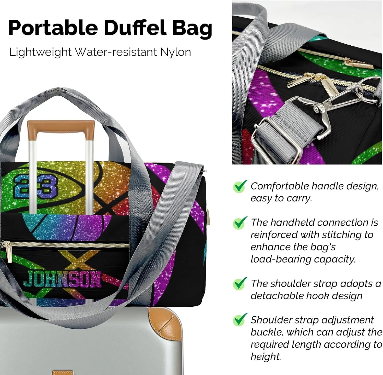 Custon Name Basketball Rainbow Gym Sport Yoga Duffel Bag Sport Player Travel Bag,Sport Gym Bag Personalized Gift for Travel Hand Bag Carry on Bag