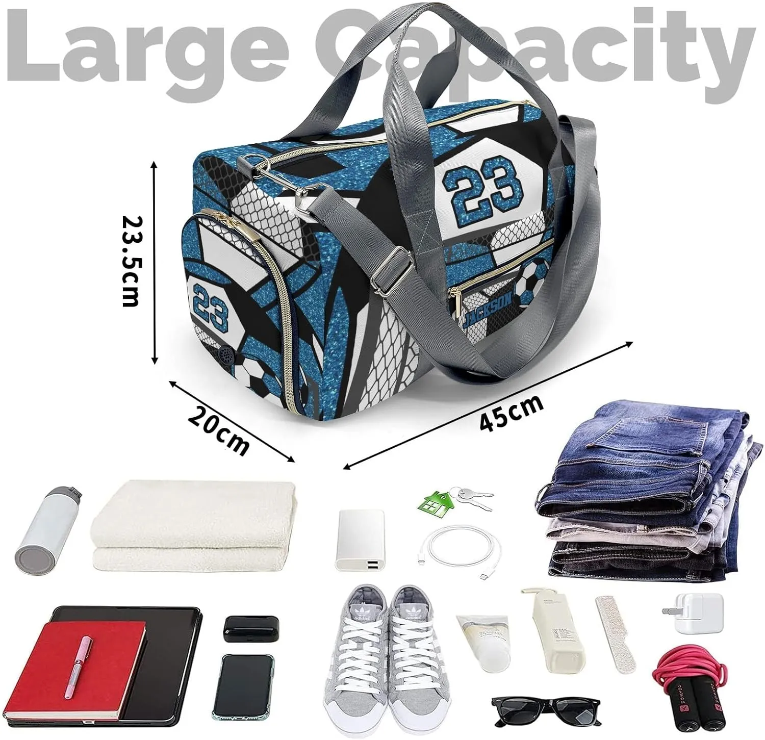 Custon Name Gym Soccer Ball Ocean Blue Gym Sport Yoga Duffel Bag Sport Player Travel Bag,Sport Gym Bag Personalized Gift for Women Men Travel Hand Bag Carry on Bag