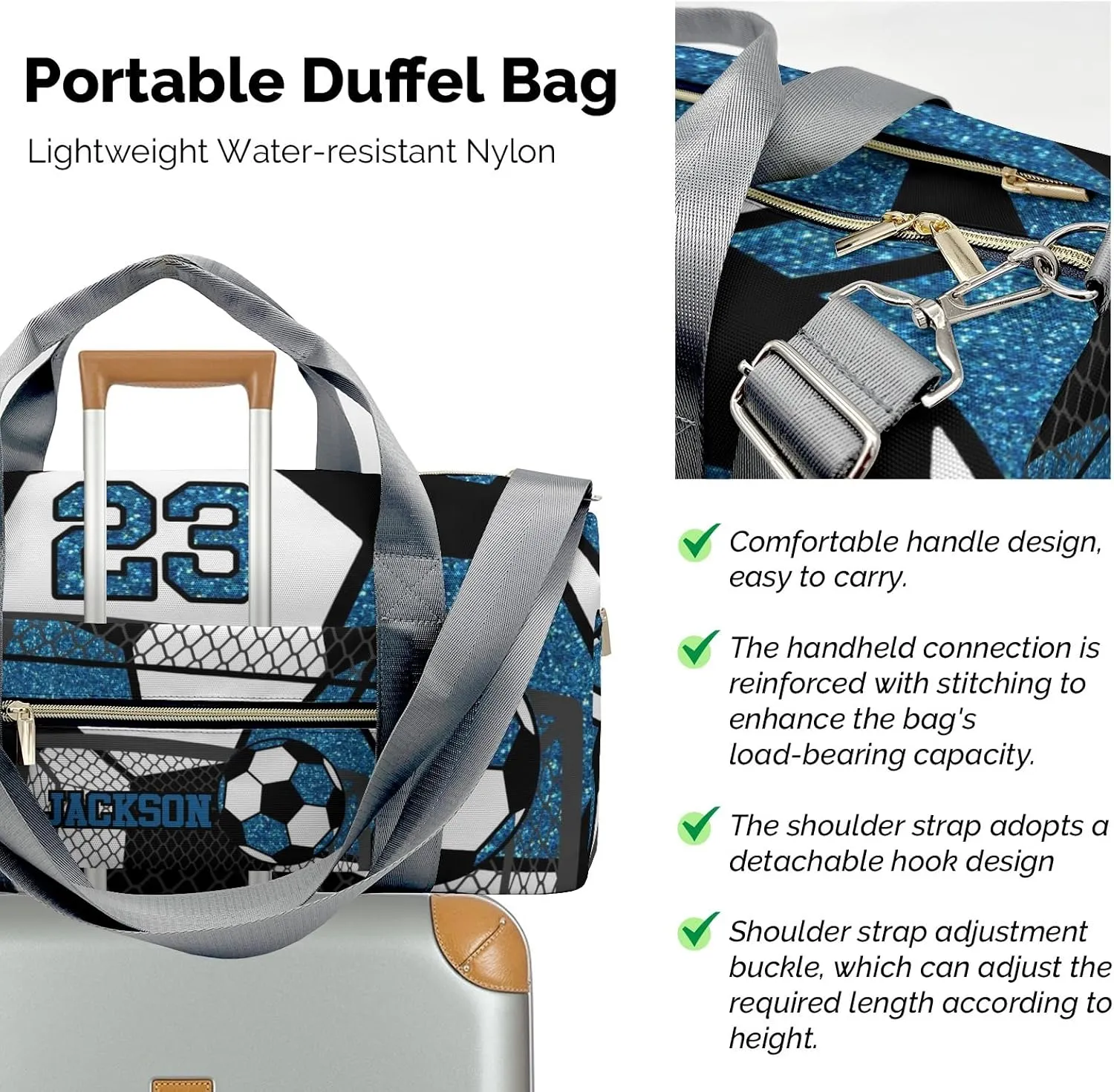 Custon Name Gym Soccer Ball Ocean Blue Gym Sport Yoga Duffel Bag Sport Player Travel Bag,Sport Gym Bag Personalized Gift for Women Men Travel Hand Bag Carry on Bag