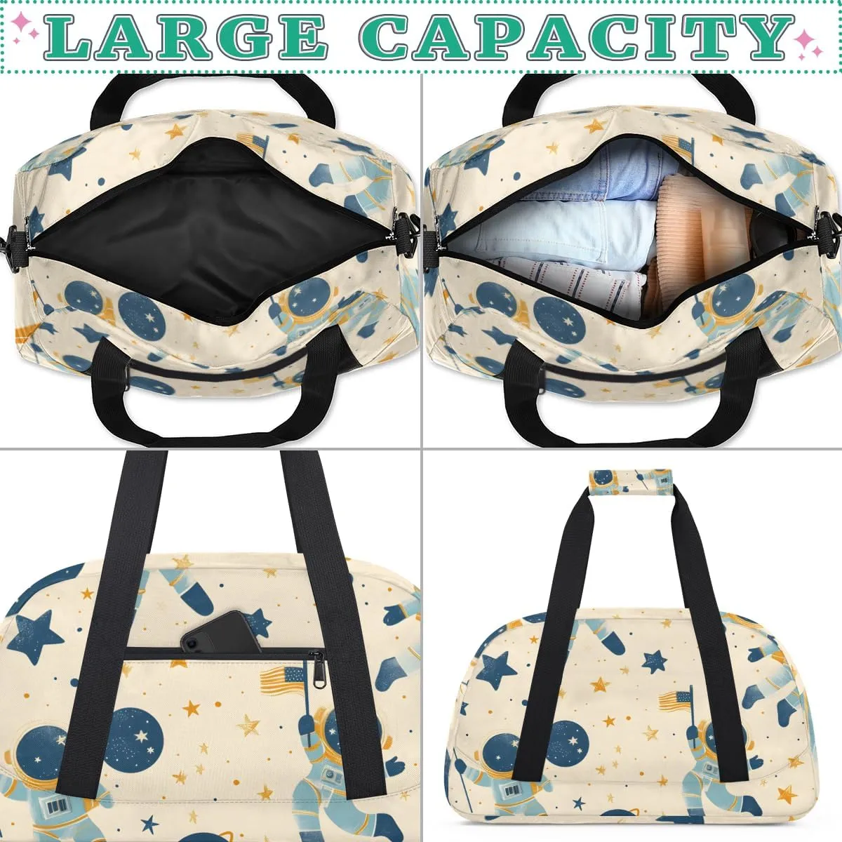 Cute Astronaut Boys Girls Gym Bag Dance Perform Training Duffel Bags Weekender Carry-On Tote Luggage Bag Ideal for School Practice or Overnight Trips Cute Space