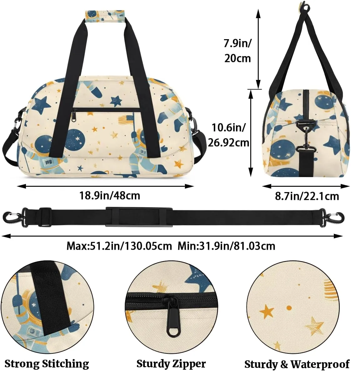 Cute Astronaut Boys Girls Gym Bag Dance Perform Training Duffel Bags Weekender Carry-On Tote Luggage Bag Ideal for School Practice or Overnight Trips Cute Space
