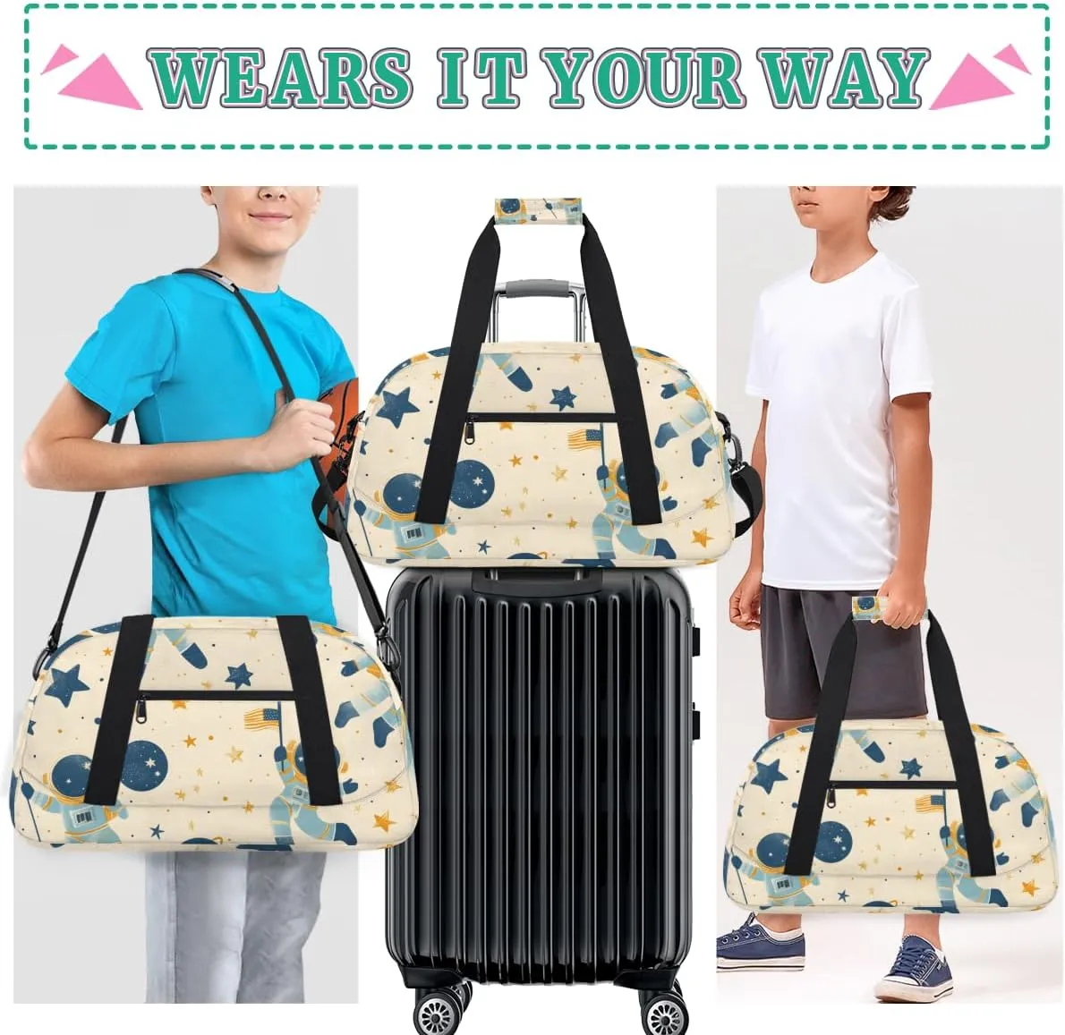 Cute Astronaut Boys Girls Gym Bag Dance Perform Training Duffel Bags Weekender Carry-On Tote Luggage Bag Ideal for School Practice or Overnight Trips Cute Space