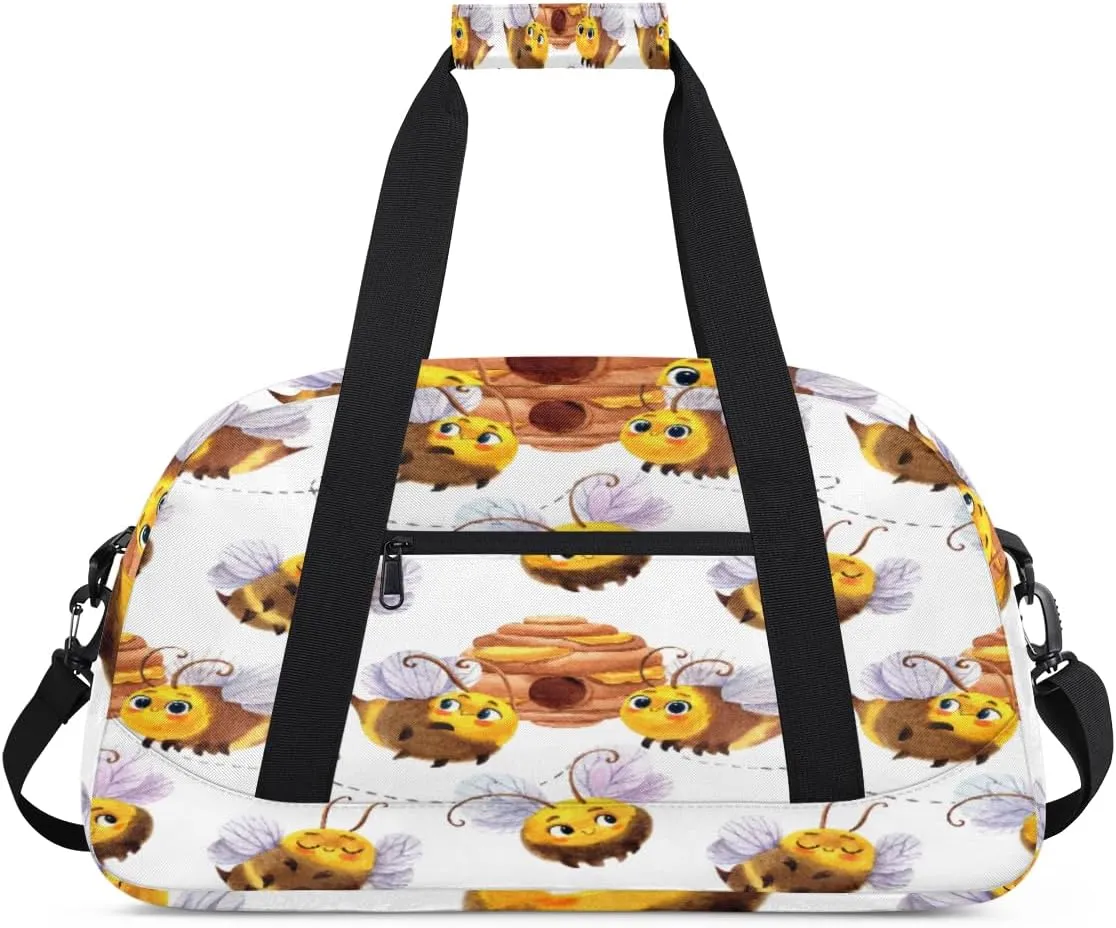 Cute Bee Gym Duffel Bag for Men Women Honeycomb Sports Tote Bag with Adjustable Shoulder Strap for Dance Gymnastics Traveling Outdoor Camping Overnight Stay