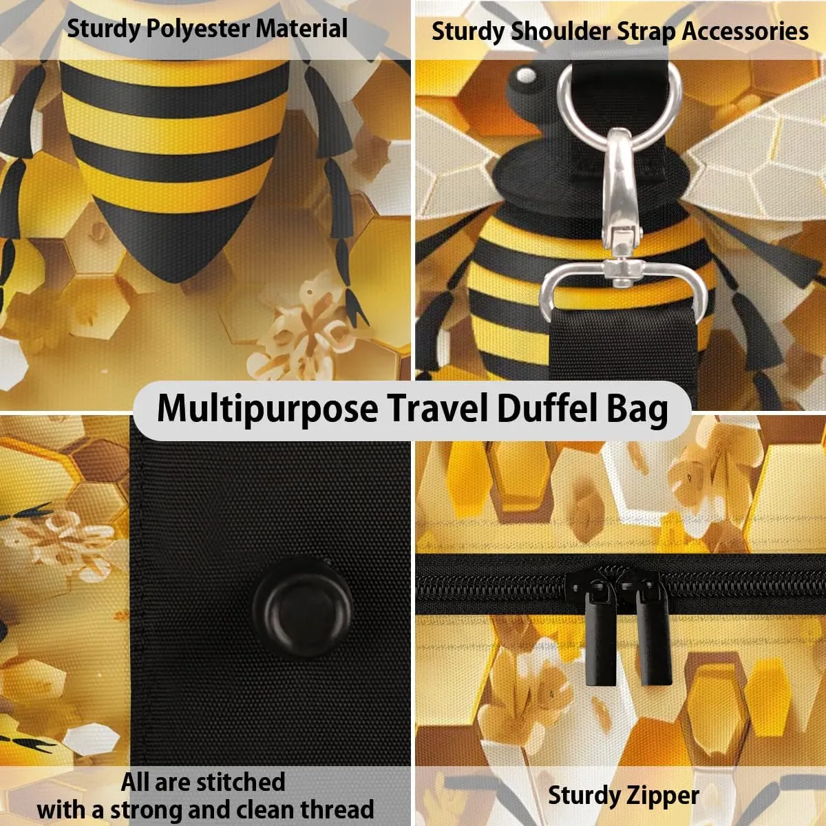 Cute Bees Travel Duffel Bag for Women Men Waterproof Foldable Overnight Weekender Bag Large Capacity Sports Gym Bag
