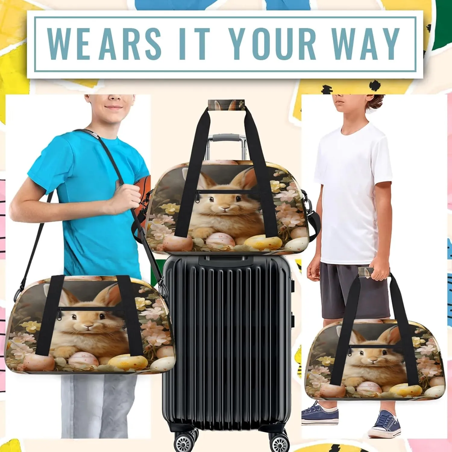 Cute Bunny Easter Eggs Small Gym Bag 18 inch Carry On Duffel Bag for Weekender Travel Sports Workout Yoga Gymnastics Dance Ballet