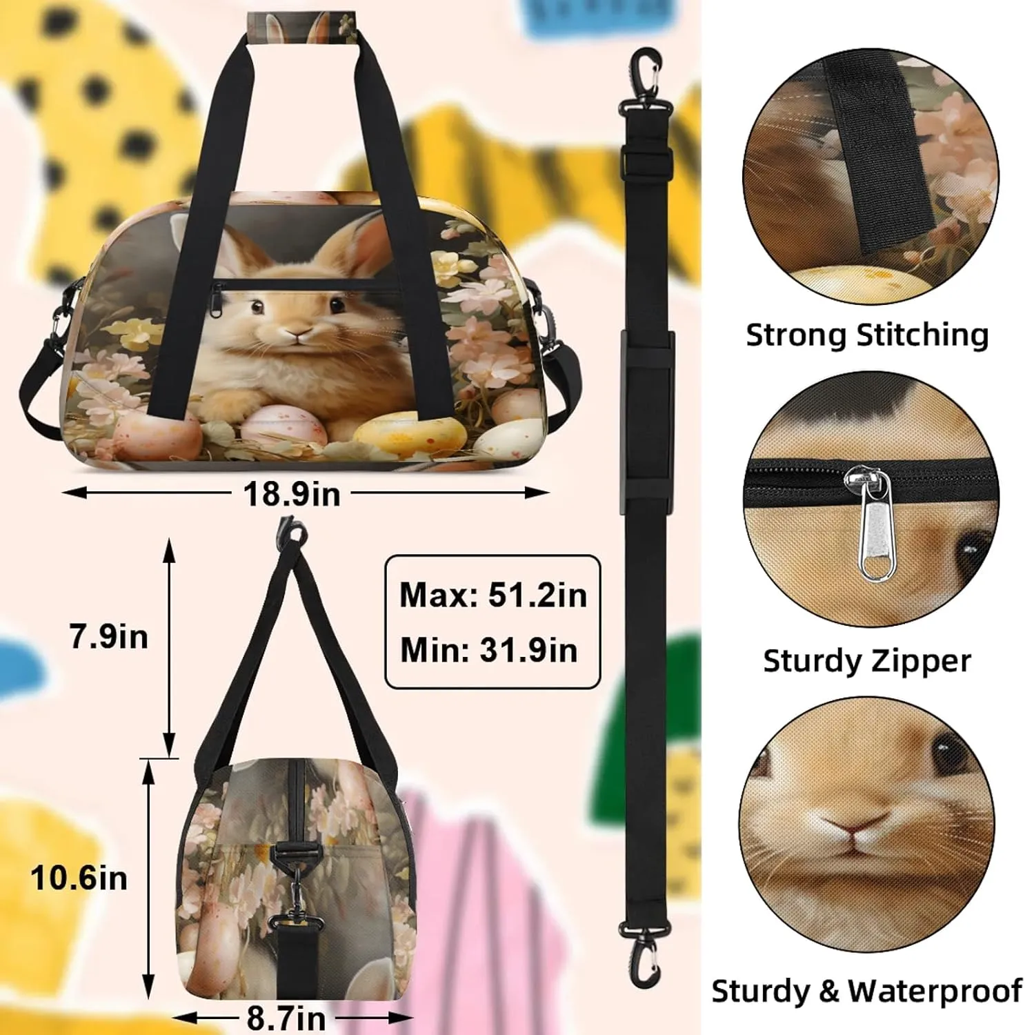 Cute Bunny Easter Eggs Small Gym Bag 18 inch Carry On Duffel Bag for Weekender Travel Sports Workout Yoga Gymnastics Dance Ballet