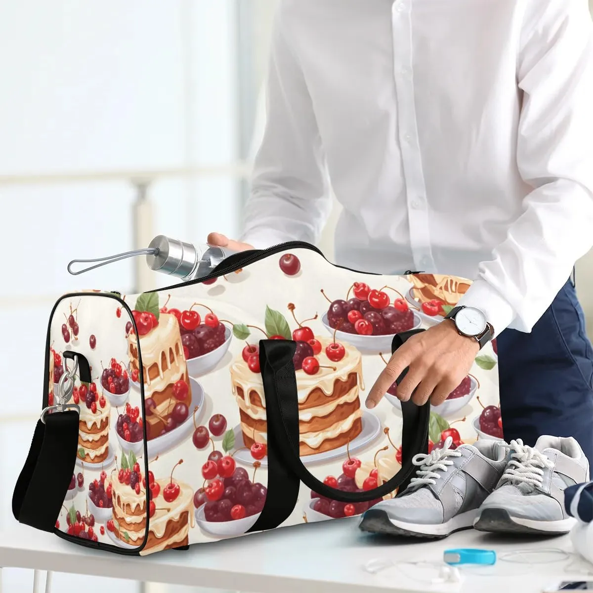 Cute Cake Pattern Travel Duffel Bag for Women Men Waterproof Foldable Overnight Weekender Bag Large Capacity Sports Gym Bag