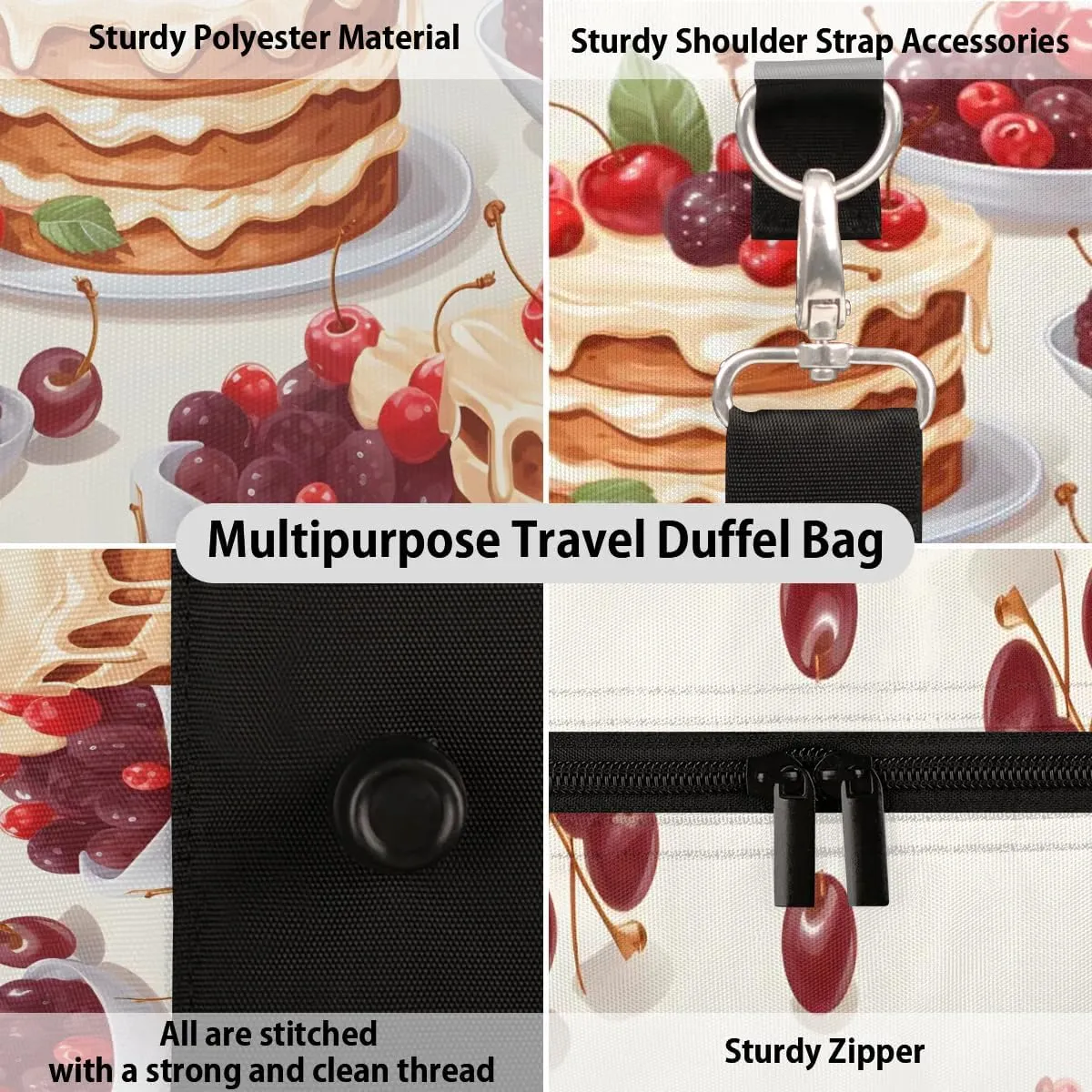 Cute Cake Pattern Travel Duffel Bag for Women Men Waterproof Foldable Overnight Weekender Bag Large Capacity Sports Gym Bag
