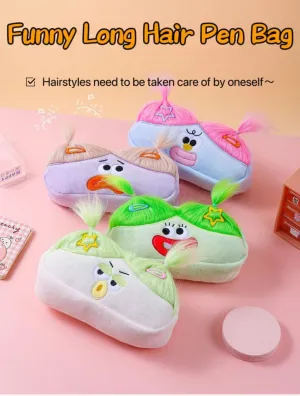 Cute DIY Pen Bag Case Box Stocking Stuffers Cute Creative Long Hair Doll Colorful Cartoon Large Capacity Zipper Organizer Storage Bag Box Nice Gift (Blue)