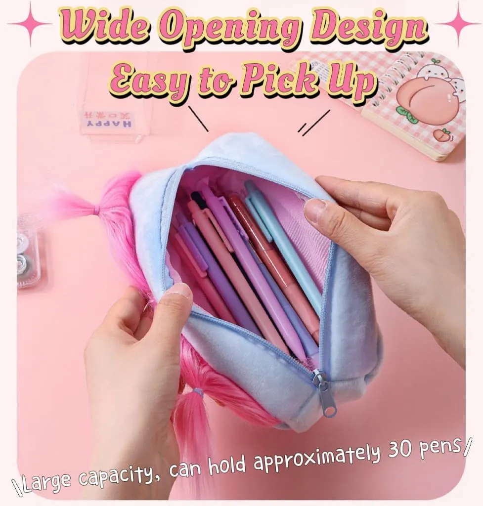 Cute DIY Pen Bag Case Box Stocking Stuffers Cute Creative Long Hair Doll Colorful Cartoon Large Capacity Zipper Organizer Storage Bag Box Nice Gift (Purple)