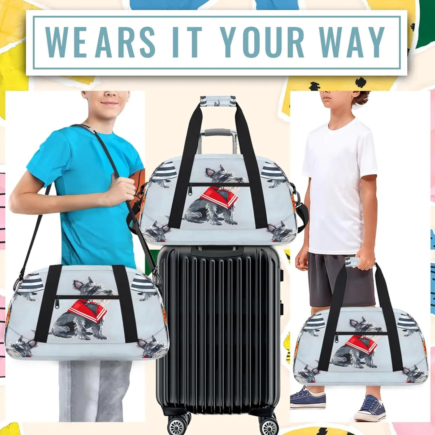 Cute Dog Scottish Terrier Small Gym Bag 18 inch Carry On Duffel Bag for Weekender Travel Sports Workout Yoga Gymnastics Dance Ballet
