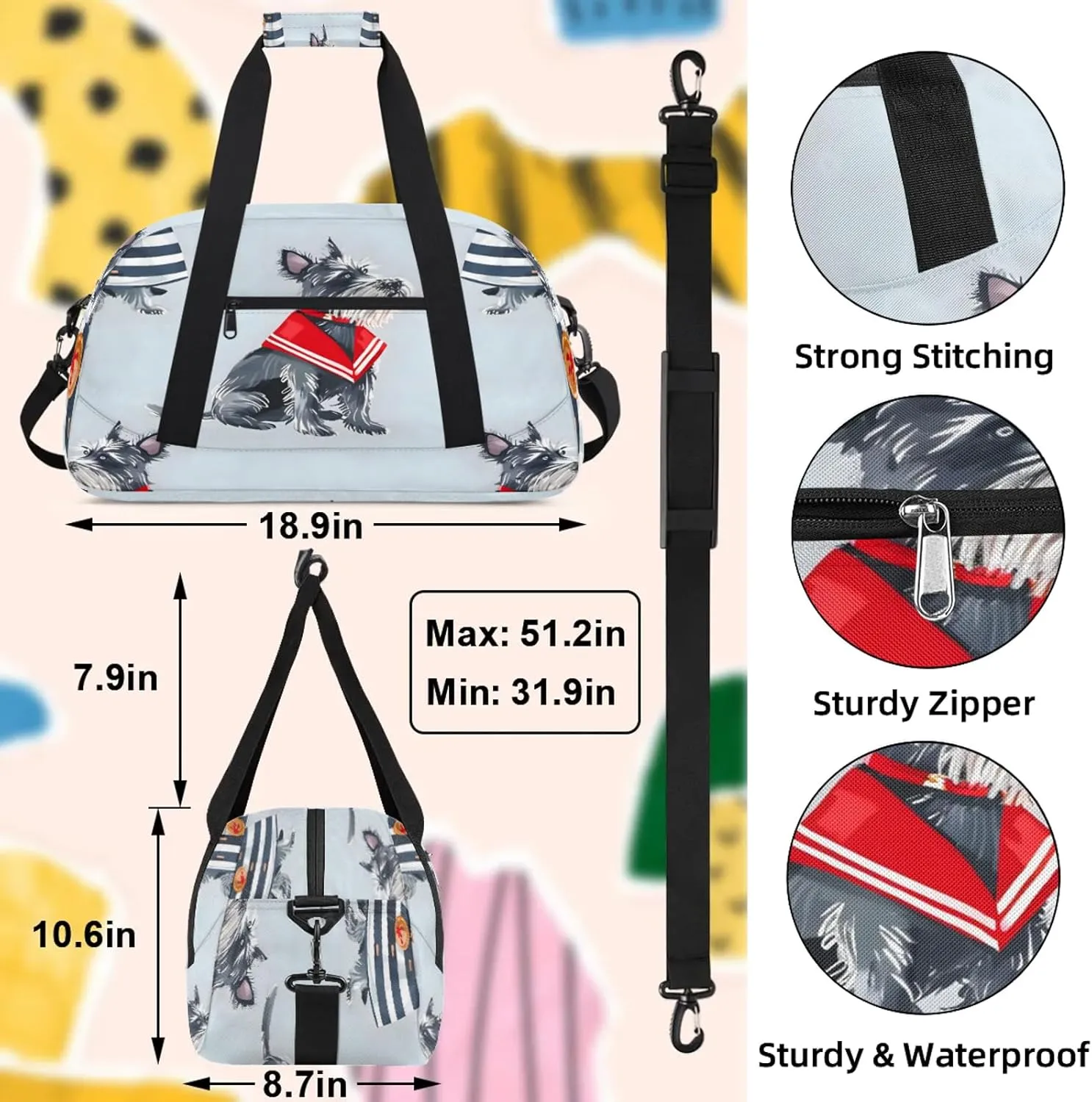 Cute Dog Scottish Terrier Small Gym Bag 18 inch Carry On Duffel Bag for Weekender Travel Sports Workout Yoga Gymnastics Dance Ballet
