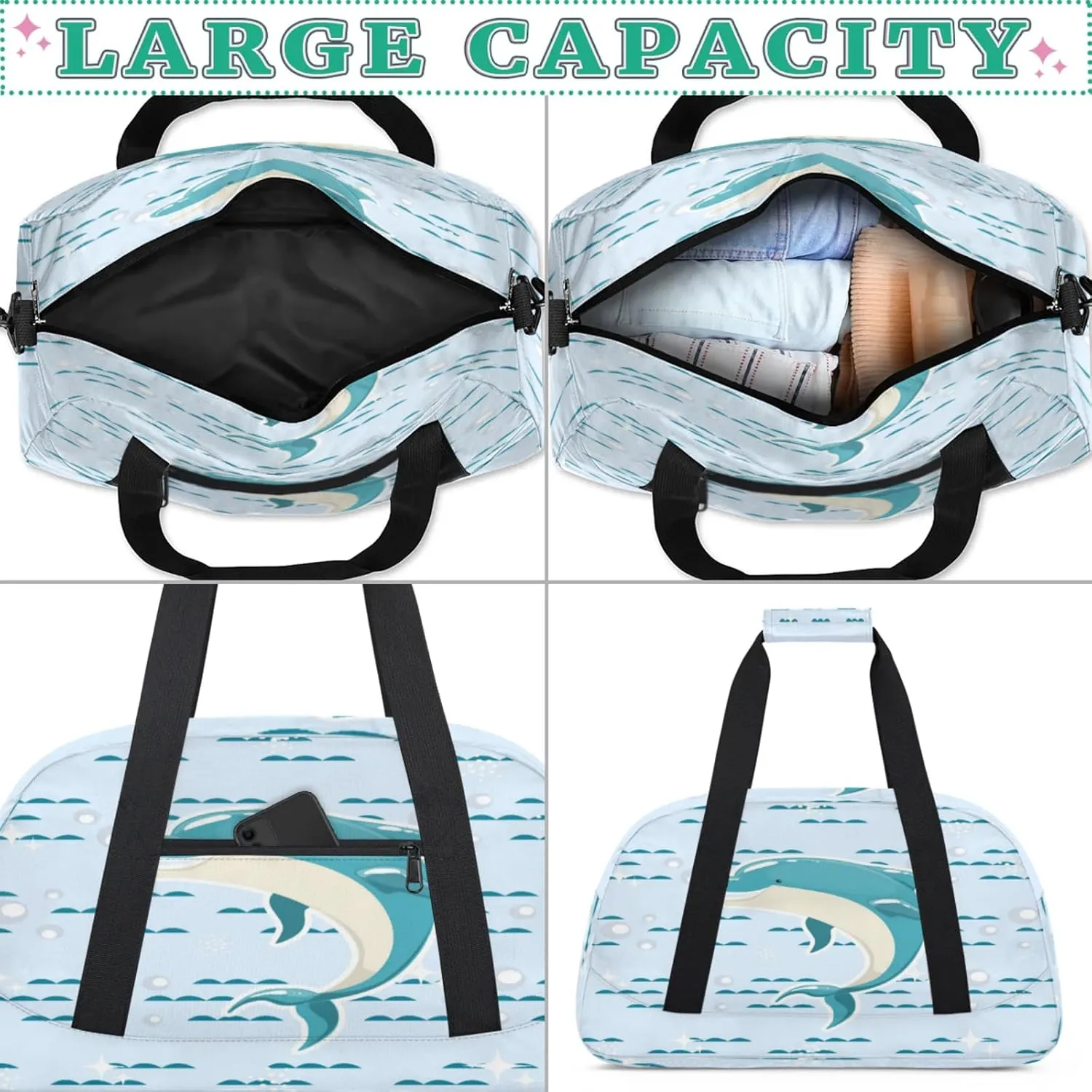 Cute Dolphin Small Gym Bag for Women Men, Travel Duffle Bag Workout Dance Tote Bag Carry On Overnight Weekender Bag