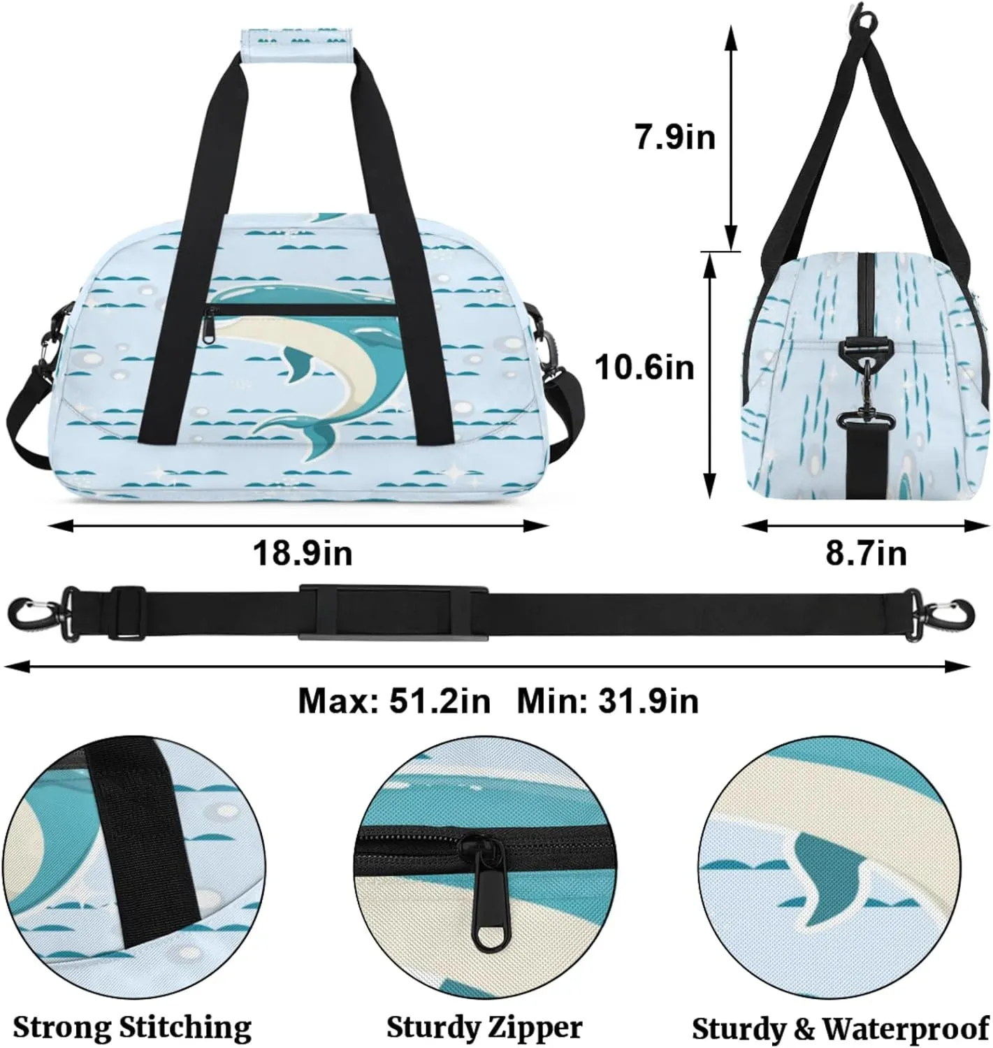 Cute Dolphin Small Gym Bag for Women Men, Travel Duffle Bag Workout Dance Tote Bag Carry On Overnight Weekender Bag