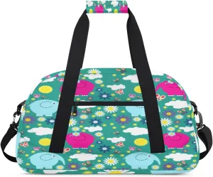 Cute Elephant Gym Duffel Bag for Men Women Colorful Flower Sports Tote Bag with Adjustable Shoulder Strap for Dance Gymnastics Traveling Outdoor Camping Overnight Stay