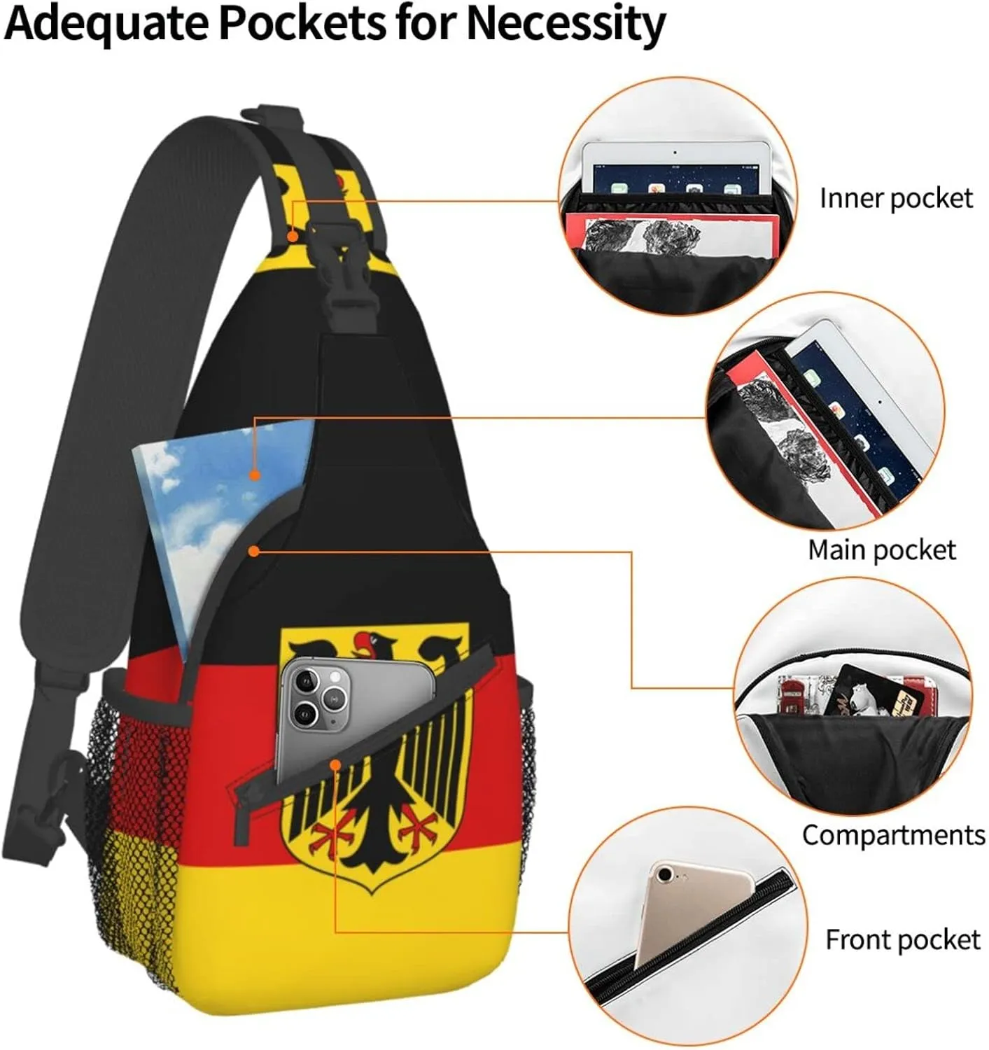 Cute German Flag Sling Backpack, Multipurpose Crossbody Shoulder Bag Travel Hiking Germany Casual Daypack for Men Women