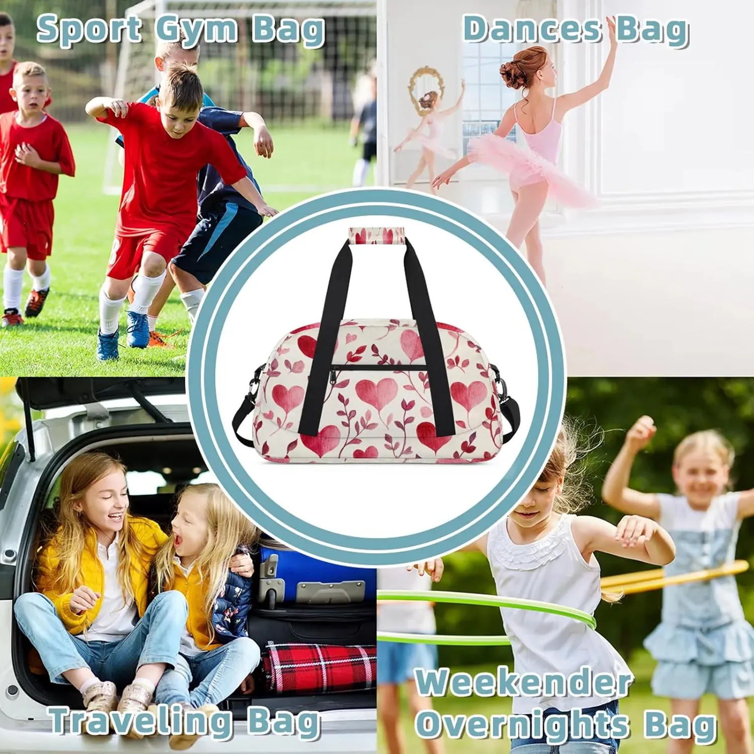 Cute Heart Shape Small Gym Bag 18 inch Carry On Duffel Bag for Weekender Travel Sports Workout Yoga Gymnastics Dance Ballet