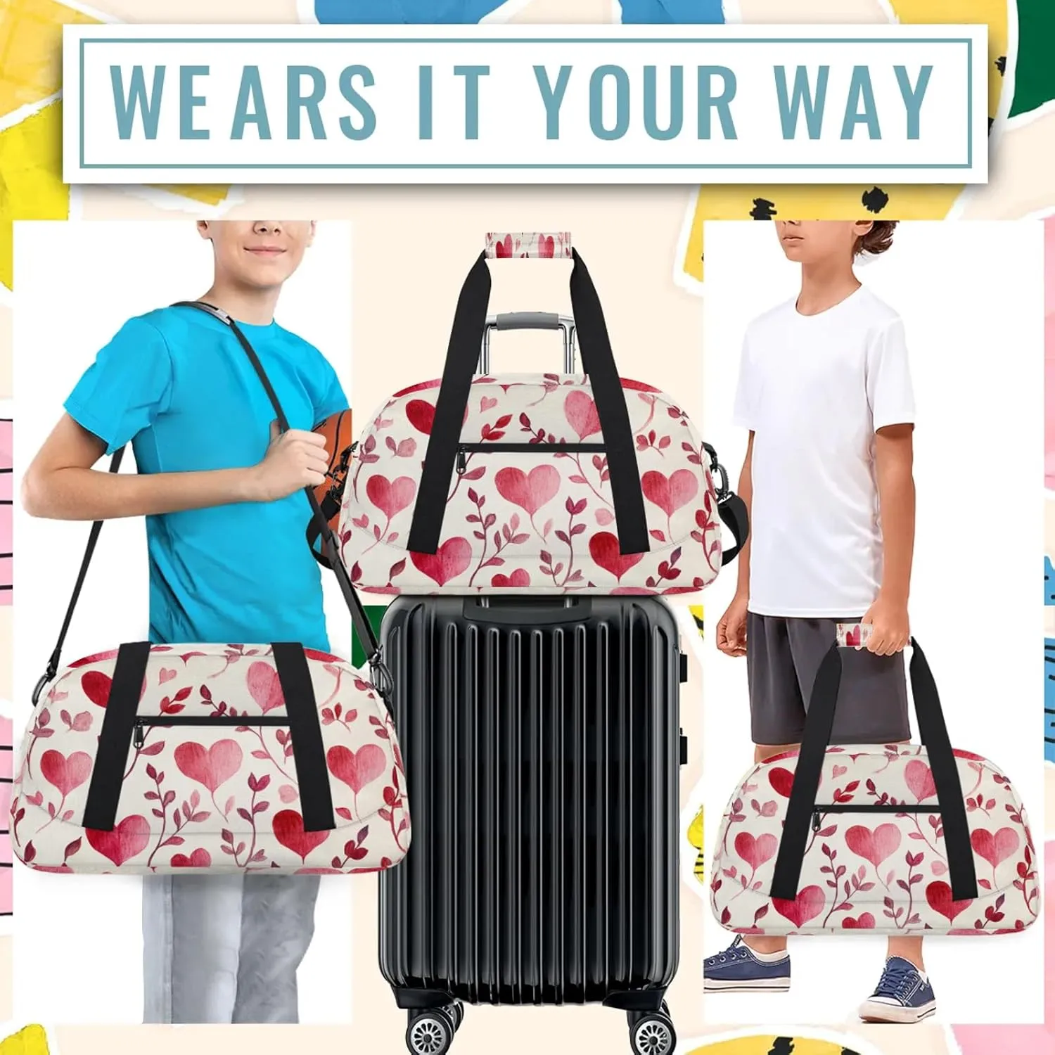 Cute Heart Shape Small Gym Bag 18 inch Carry On Duffel Bag for Weekender Travel Sports Workout Yoga Gymnastics Dance Ballet