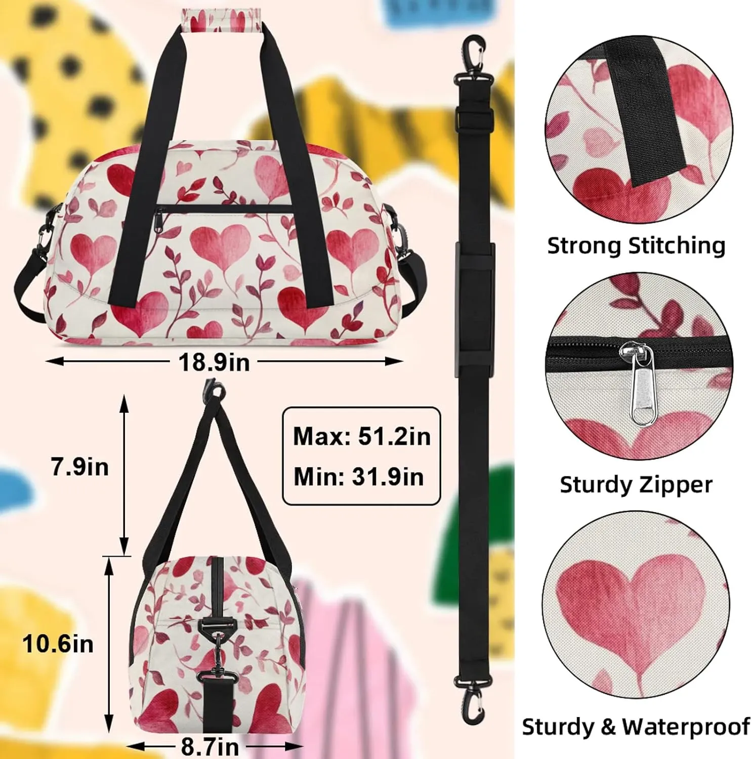 Cute Heart Shape Small Gym Bag 18 inch Carry On Duffel Bag for Weekender Travel Sports Workout Yoga Gymnastics Dance Ballet