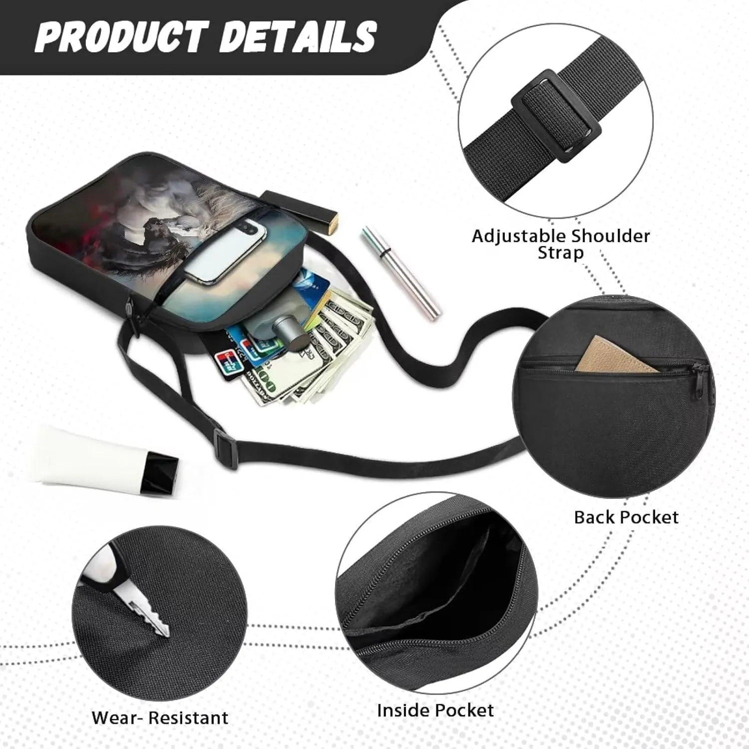 Cute Messenger Bag with Zipper and Front Pocket Sling Crossbody Shoulder Bags Adjustable Strap