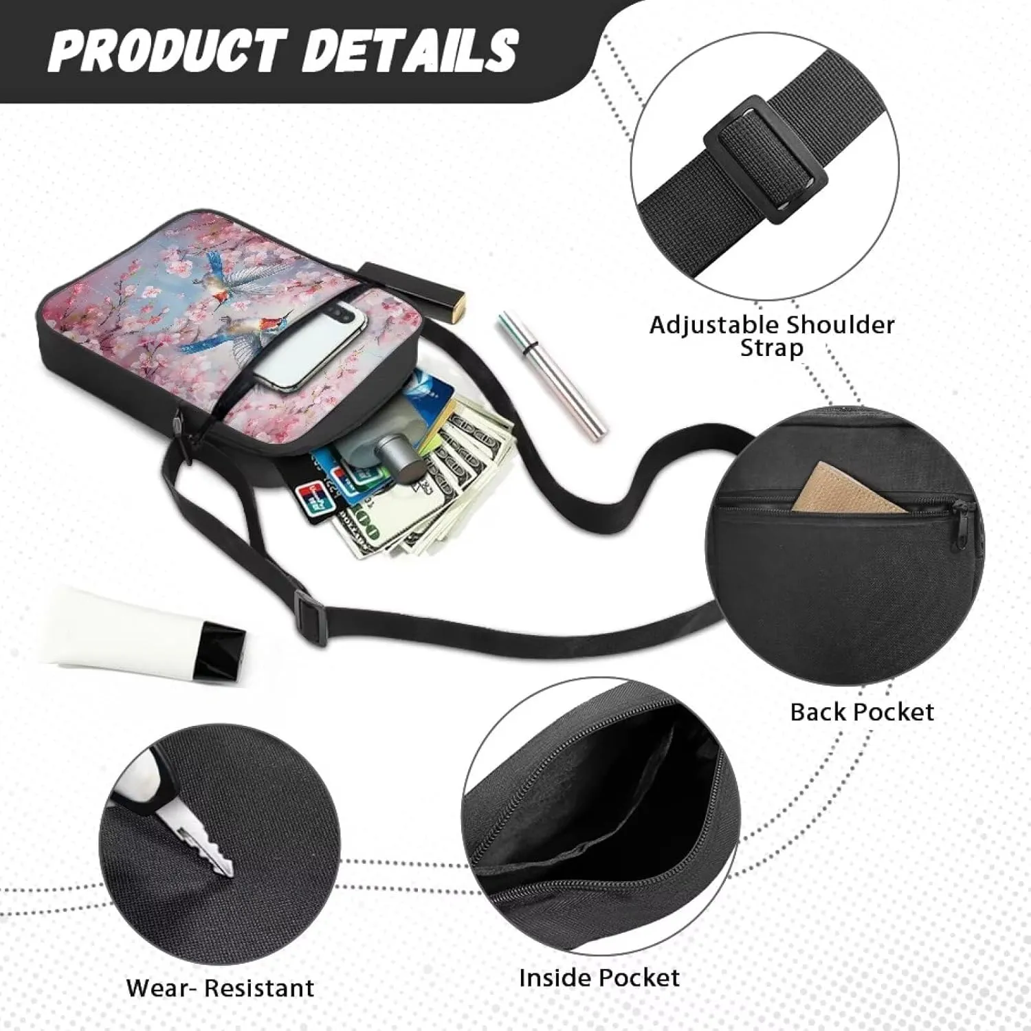 Cute Messenger Bag with Zipper and Front Pocket Sling Crossbody Shoulder Bags Adjustable Strap