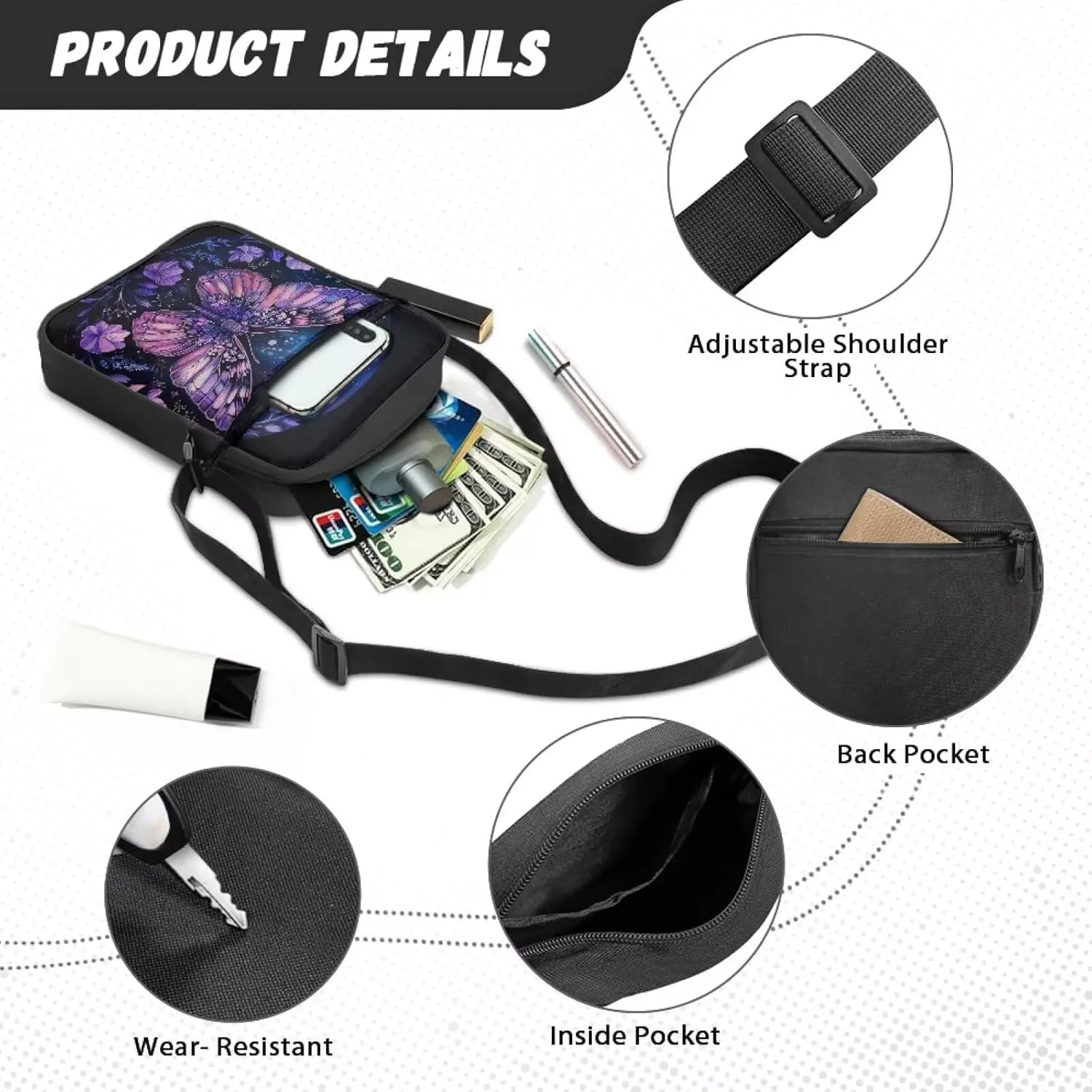 Cute Messenger Bag with Zipper and Front Pocket Sling Crossbody Shoulder Bags Adjustable Strap
