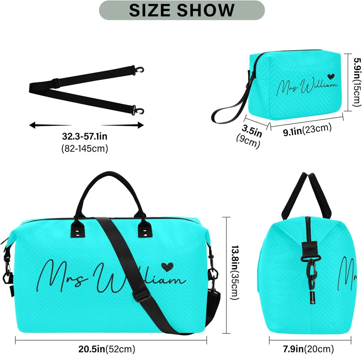 Cyan Custom Travel Duffel Bag with Toiletry Bag Personalized Weekender Bag for Travel Sports Trips Large Gym Carry On Bag for Women & Men