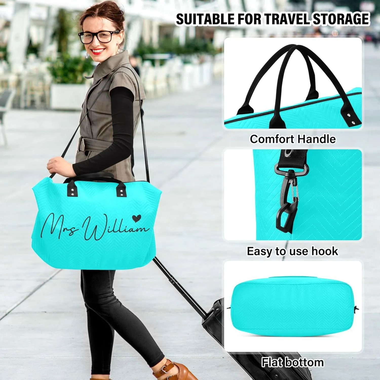Cyan Custom Travel Duffel Bag with Toiletry Bag Personalized Weekender Bag for Travel Sports Trips Large Gym Carry On Bag for Women & Men