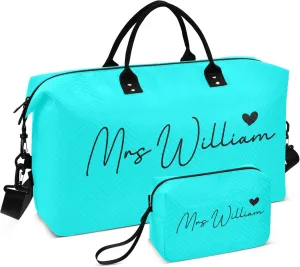 Cyan Custom Travel Duffel Bag with Toiletry Bag Personalized Weekender Bag for Travel Sports Trips Large Gym Carry On Bag for Women & Men