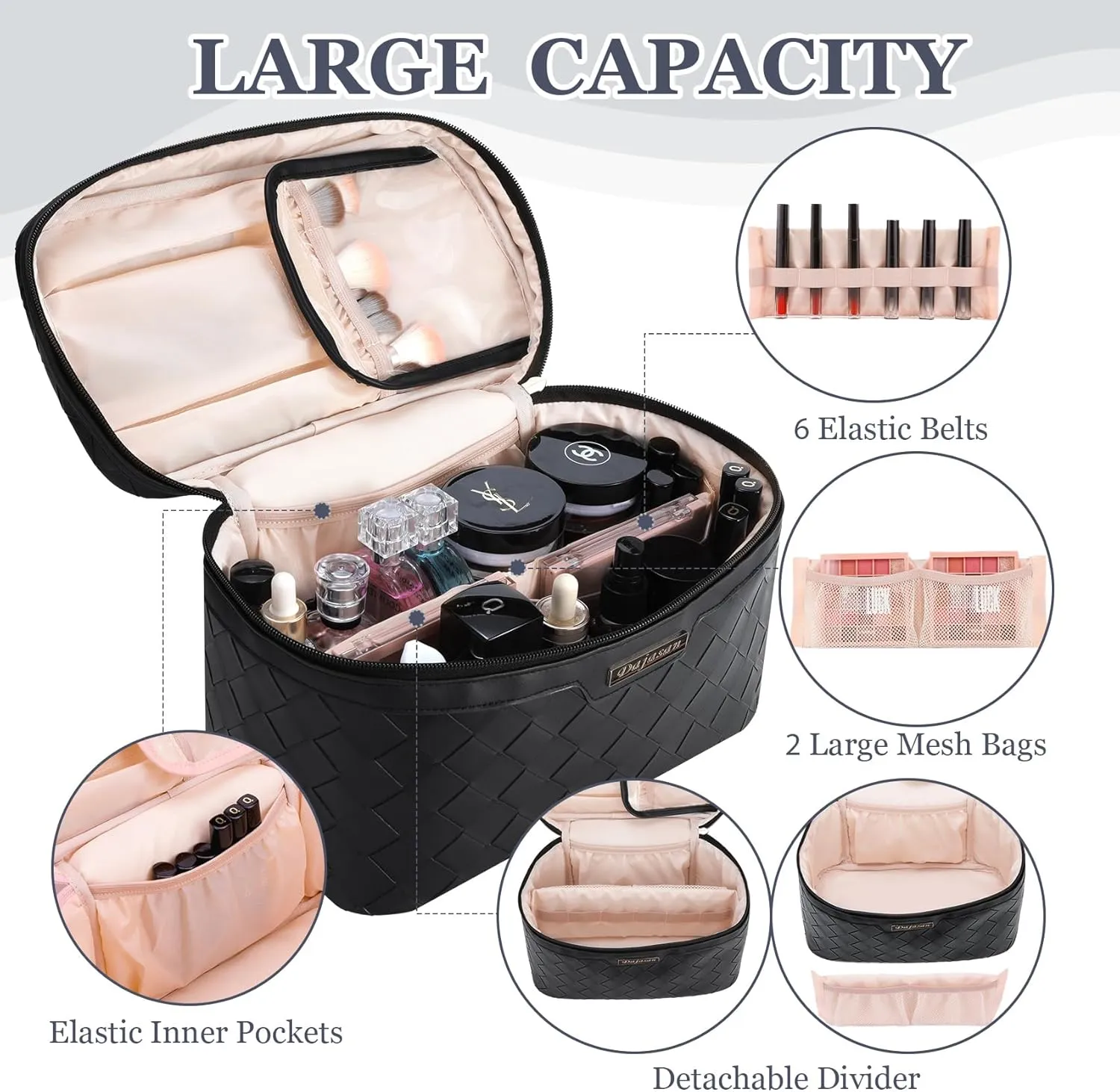 Dajasan Makeup Bag Cosmetic Bag, Travel Makeup Bag, Large Capacity Makeup Organizer Case, Portable Travel Toiletry Bag for Women Girls, PU Leather Waterproof (Black)