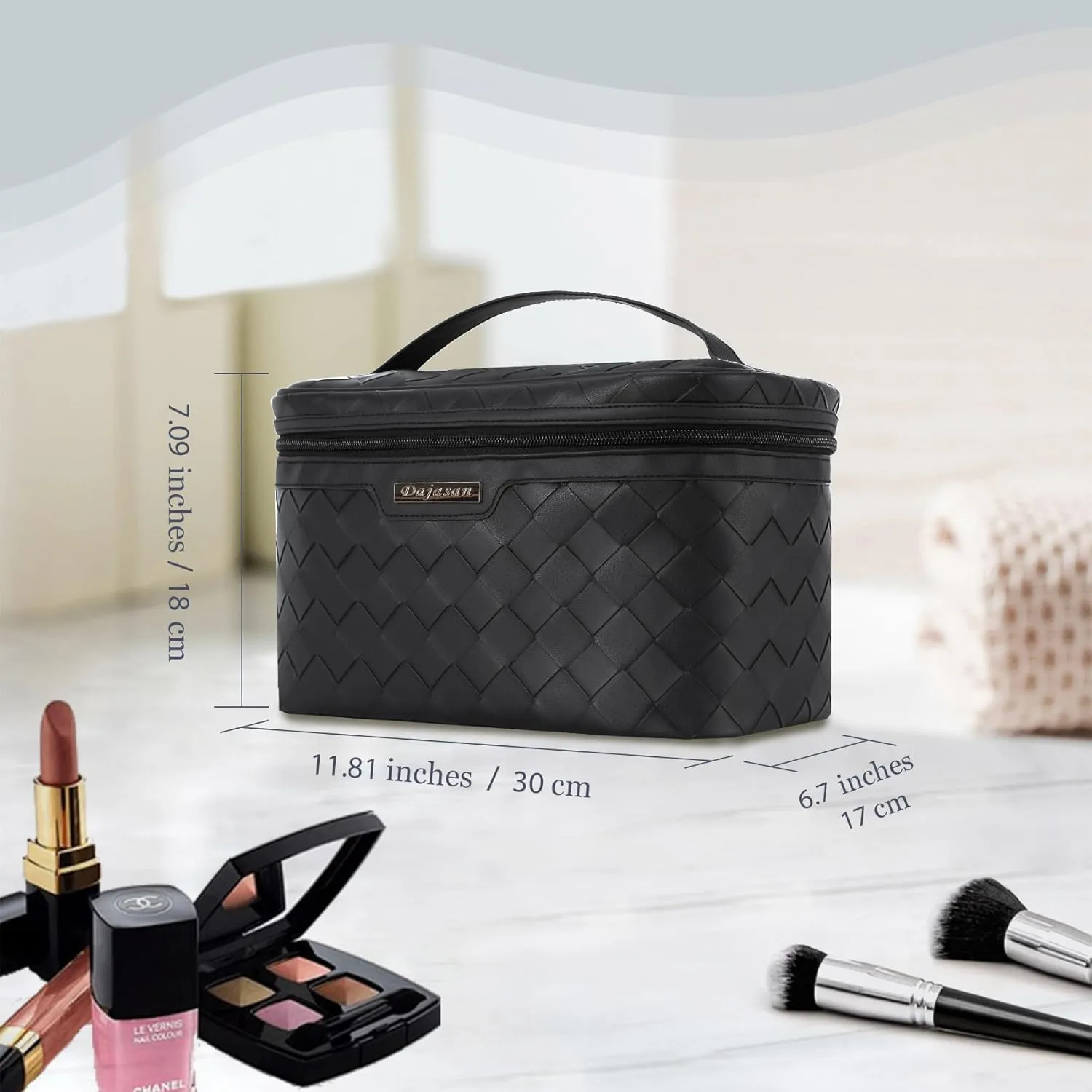 Dajasan Makeup Bag Cosmetic Bag, Travel Makeup Bag, Large Capacity Makeup Organizer Case, Portable Travel Toiletry Bag for Women Girls, PU Leather Waterproof (Black)