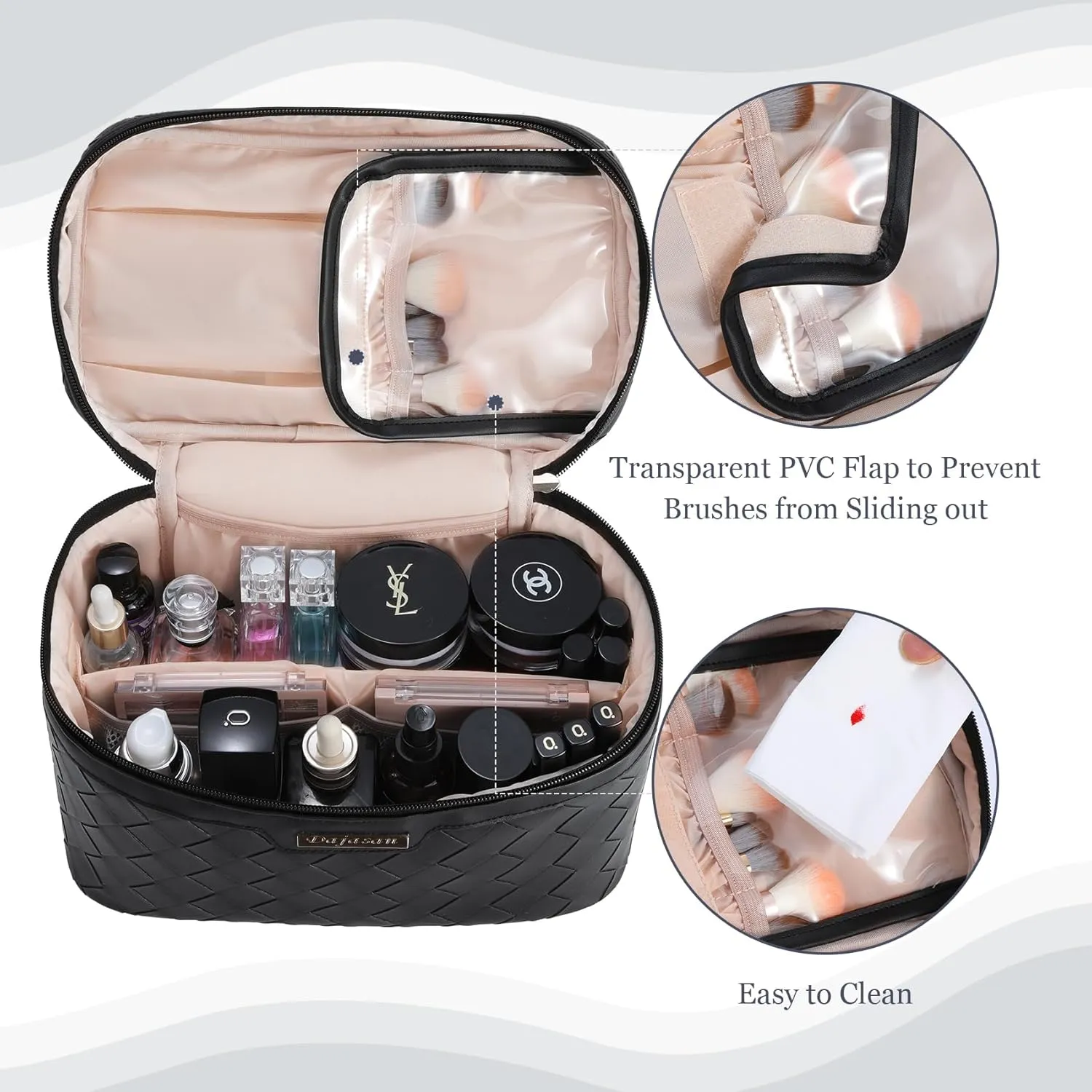 Dajasan Makeup Bag Cosmetic Bag, Travel Makeup Bag, Large Capacity Makeup Organizer Case, Portable Travel Toiletry Bag for Women Girls, PU Leather Waterproof (Black)