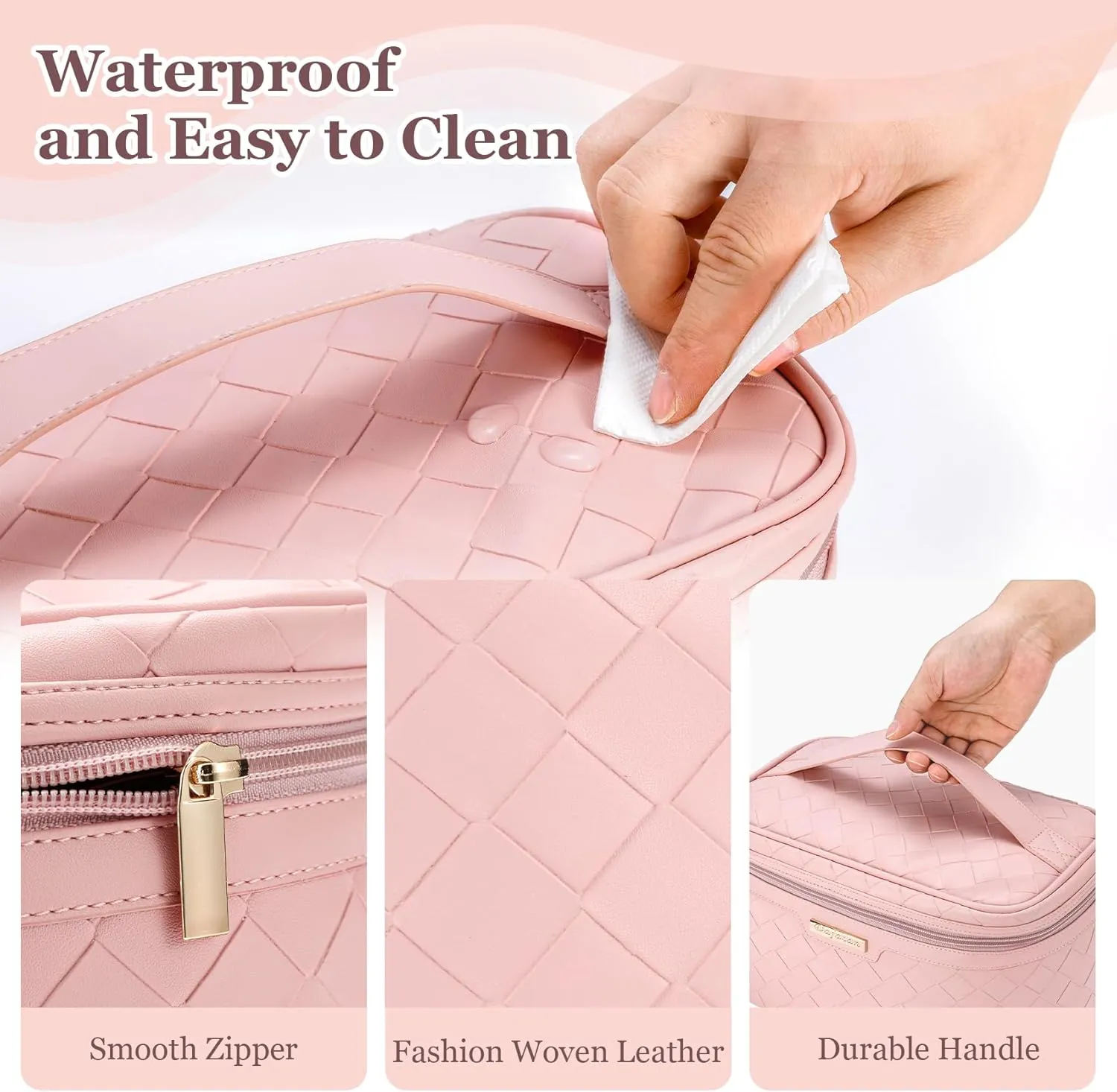 Dajasan Makeup Bag, Portable Travel Cosmetic Bag for Girls Women, Large Capacity Makeup Organizer Case, Travel Toiletry Bag, PU Leather Waterproof (Pink)