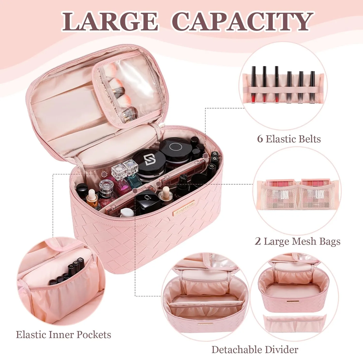 Dajasan Makeup Bag, Portable Travel Cosmetic Bag for Girls Women, Large Capacity Makeup Organizer Case, Travel Toiletry Bag, PU Leather Waterproof (Pink)