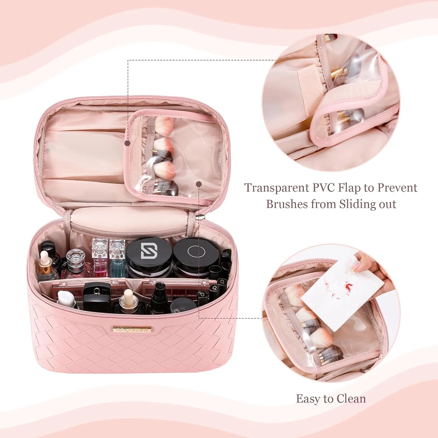 Dajasan Makeup Bag, Portable Travel Cosmetic Bag for Girls Women, Large Capacity Makeup Organizer Case, Travel Toiletry Bag, PU Leather Waterproof (Pink)