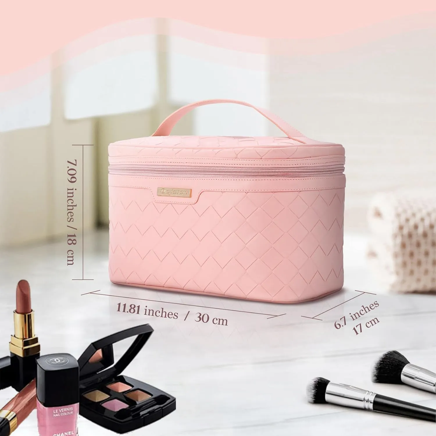 Dajasan Makeup Bag, Portable Travel Cosmetic Bag for Girls Women, Large Capacity Makeup Organizer Case, Travel Toiletry Bag, PU Leather Waterproof (Pink)