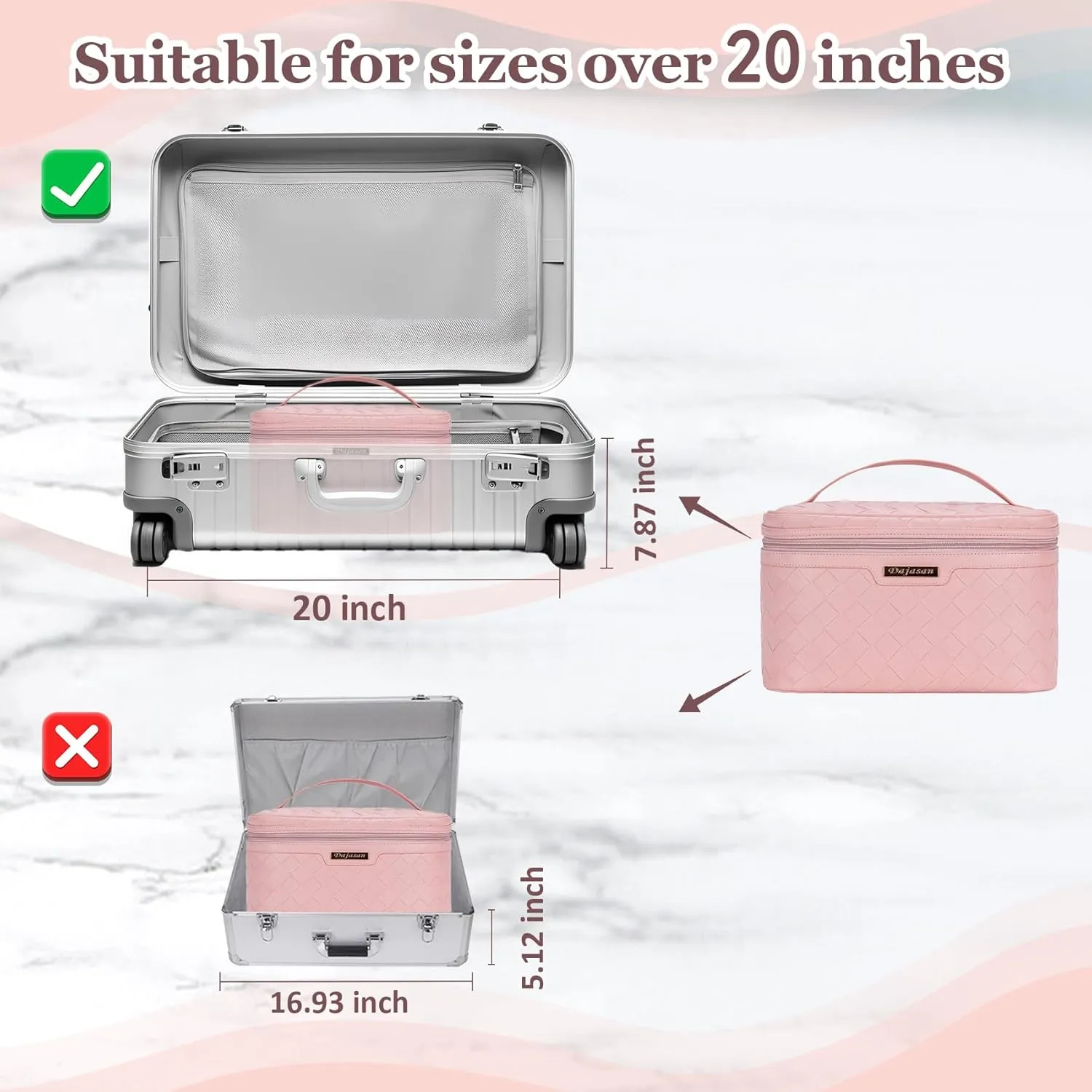Dajasan Makeup Bag, Portable Travel Cosmetic Bag for Girls Women, Large Capacity Makeup Organizer Case, Travel Toiletry Bag, PU Leather Waterproof (Pink)