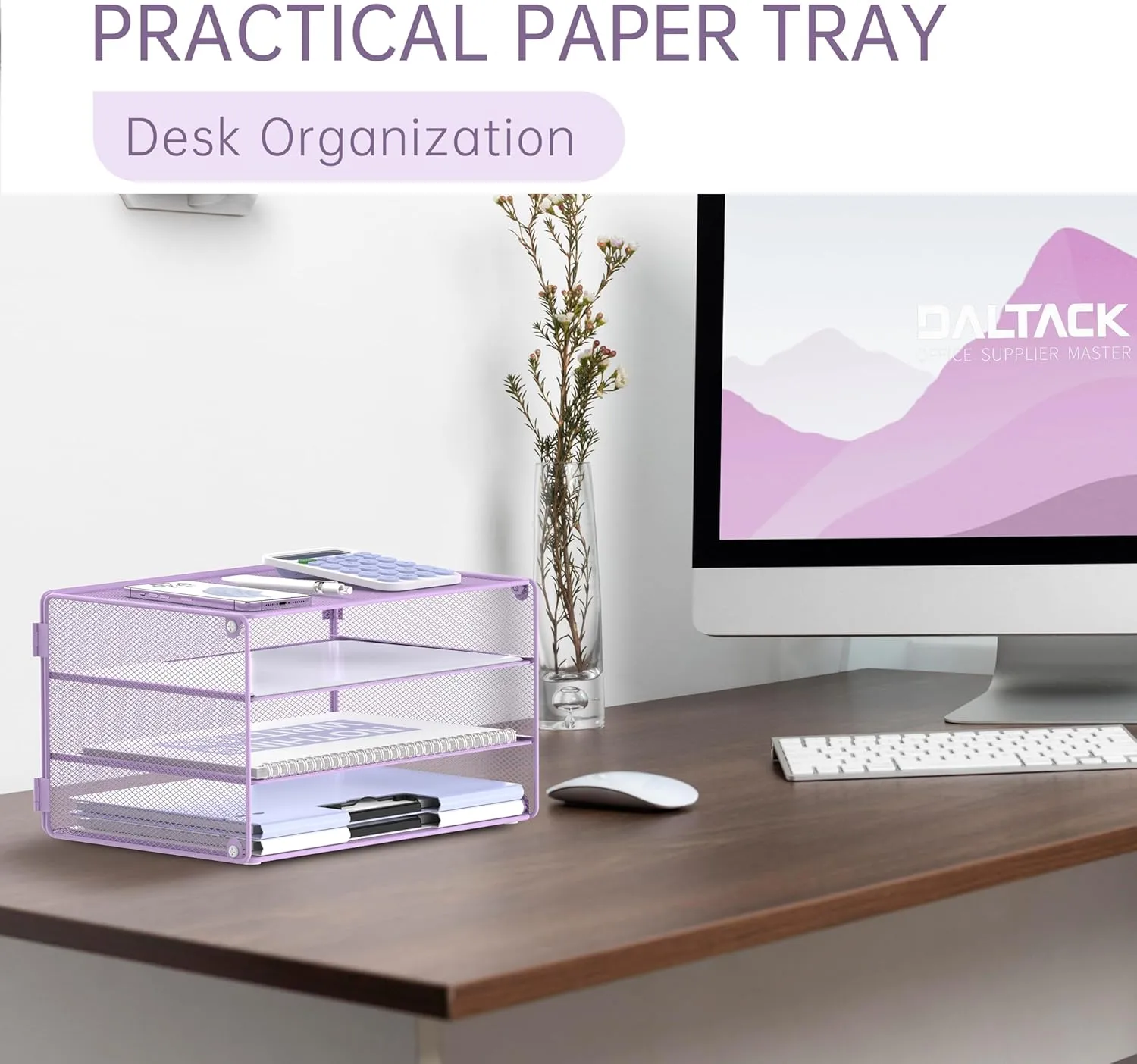 DALTACK 3 Tier Letter Tray Paper Organizer Mesh Metal Desk File Organizer for Home & Office, Light Purple