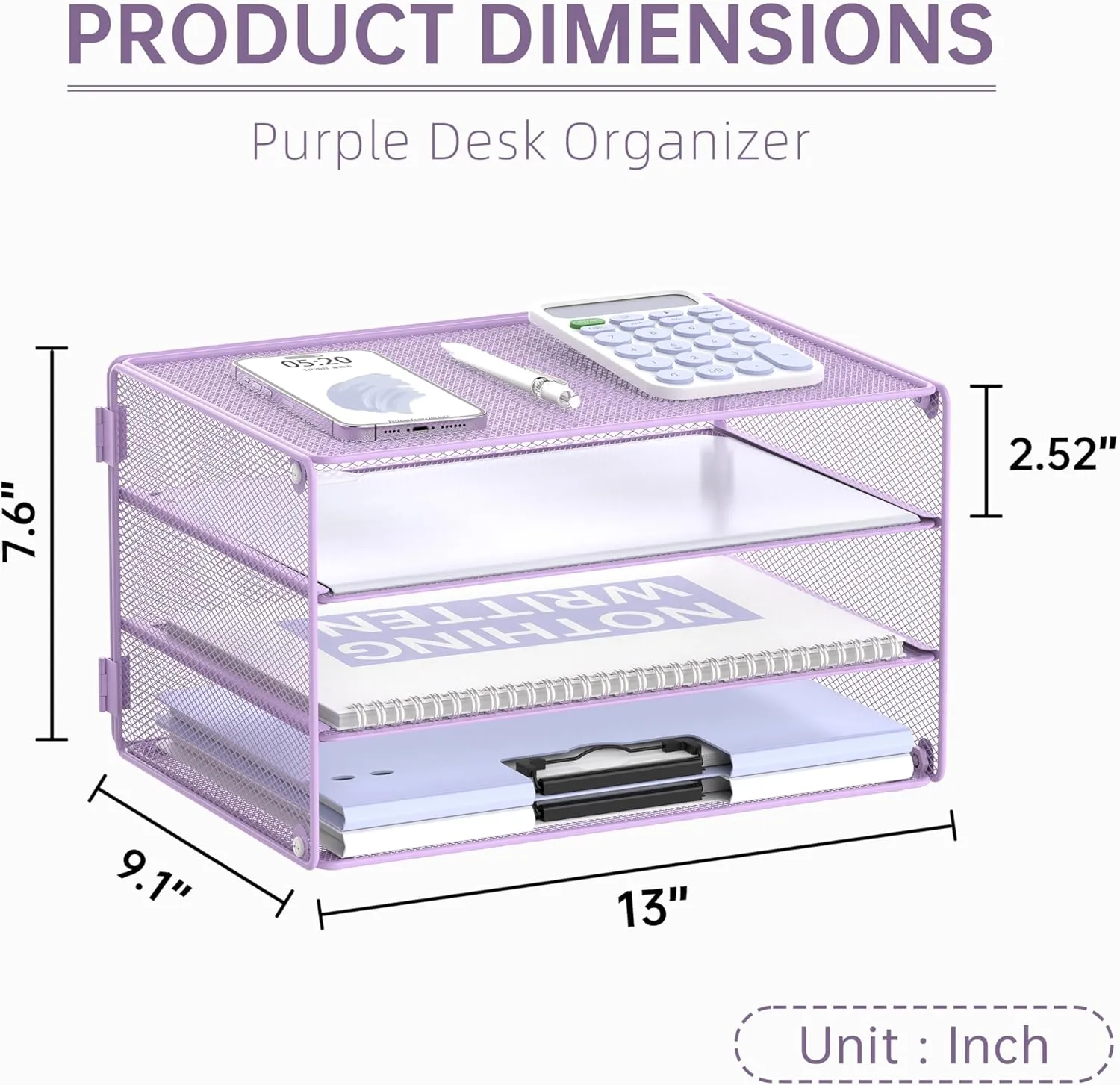DALTACK 3 Tier Letter Tray Paper Organizer Mesh Metal Desk File Organizer for Home & Office, Light Purple