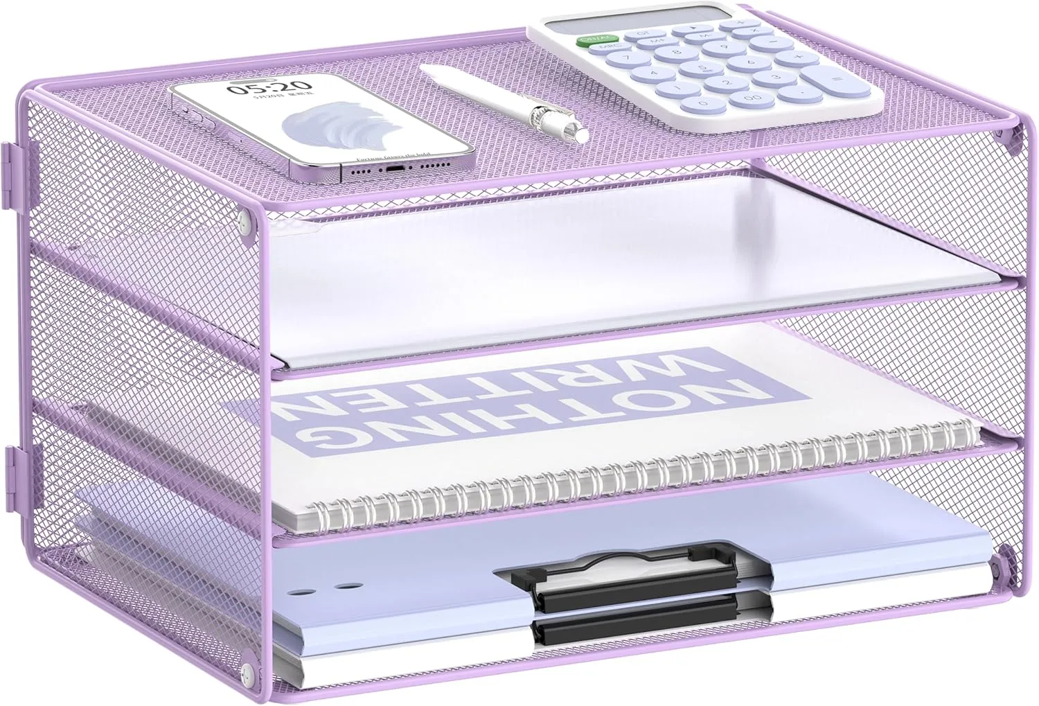 DALTACK 3 Tier Letter Tray Paper Organizer Mesh Metal Desk File Organizer for Home & Office, Light Purple