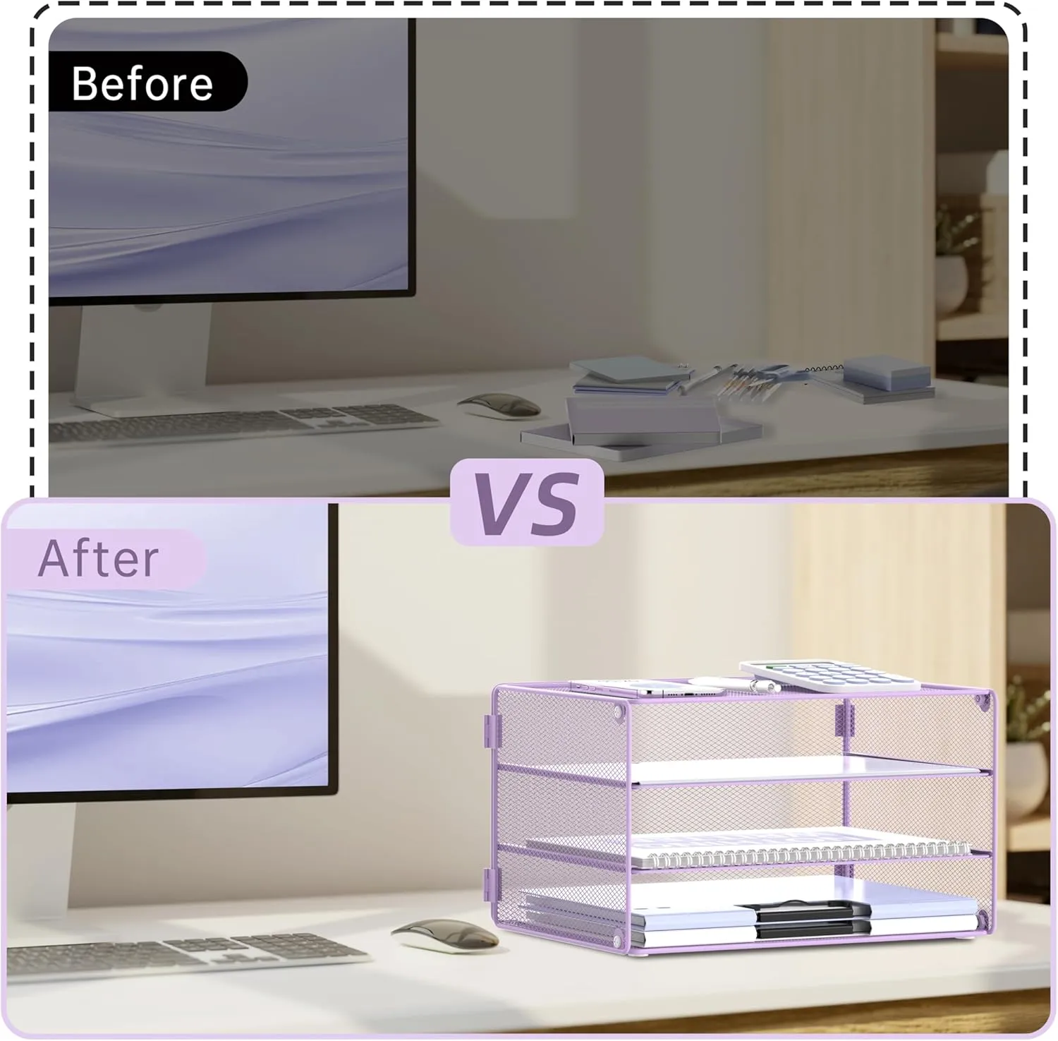 DALTACK 3 Tier Letter Tray Paper Organizer Mesh Metal Desk File Organizer for Home & Office, Light Purple