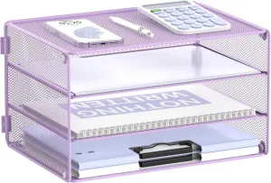DALTACK 3 Tier Letter Tray Paper Organizer Mesh Metal Desk File Organizer for Home & Office, Light Purple