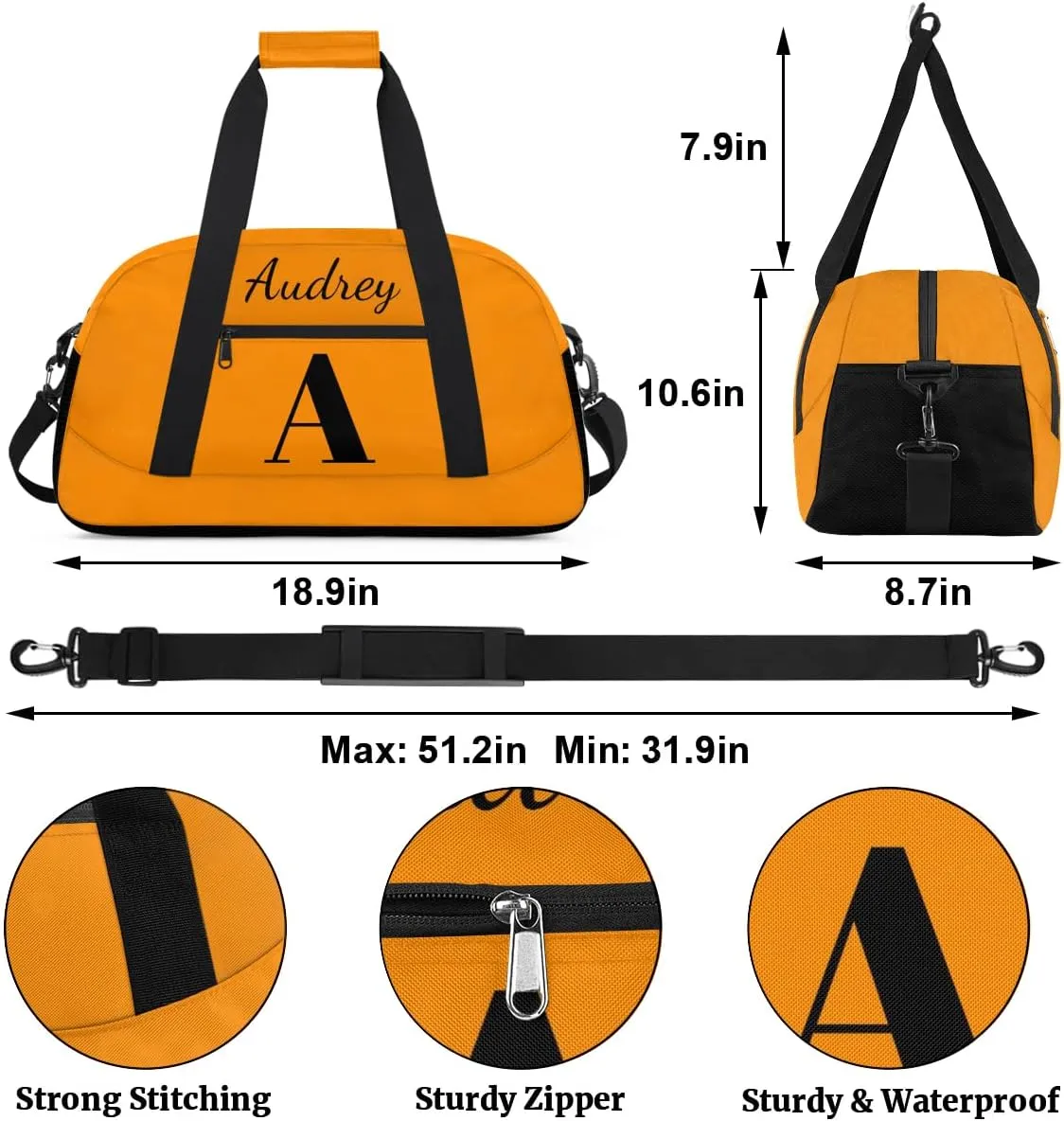 Dark Orange Custom Gym Bag for Women Men, Personalized Initial Travel Duffel Bag with Name, Small Sports Gym Bag Weekender Carry On Overnight Bags