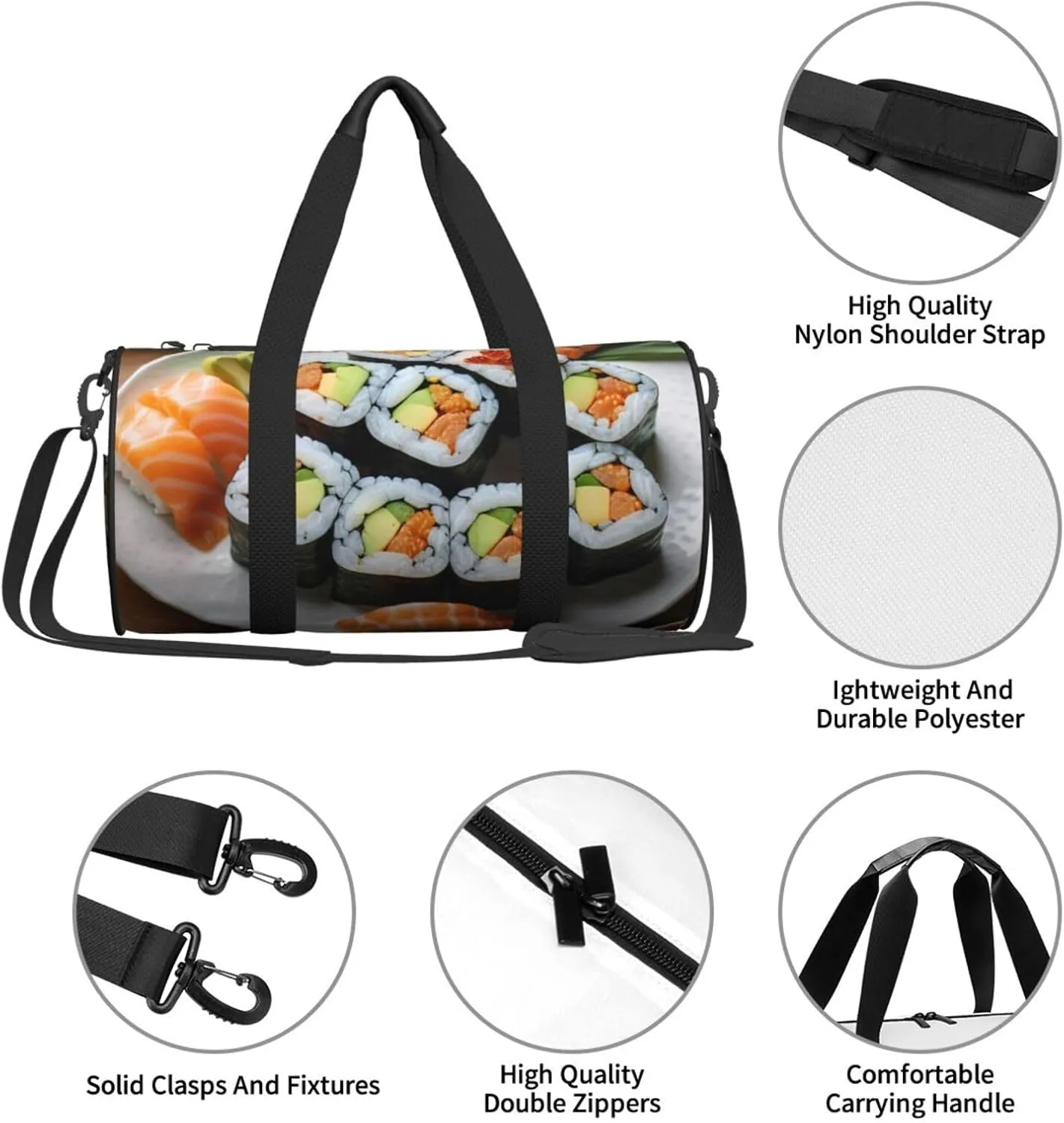 Delicious sushi Printed Travel Bag,Round Personal Item Storage bag,Foldie Duffel Bag for Traveling Vacation,Fitness,Sports