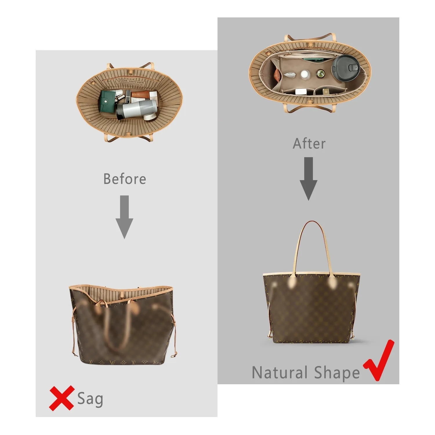 Design Purse Organizer Insert for Handbag & Tote Shaper, Tote Bag Organizer Insert for Speedy Neverfull - Available in 6 Sizes.