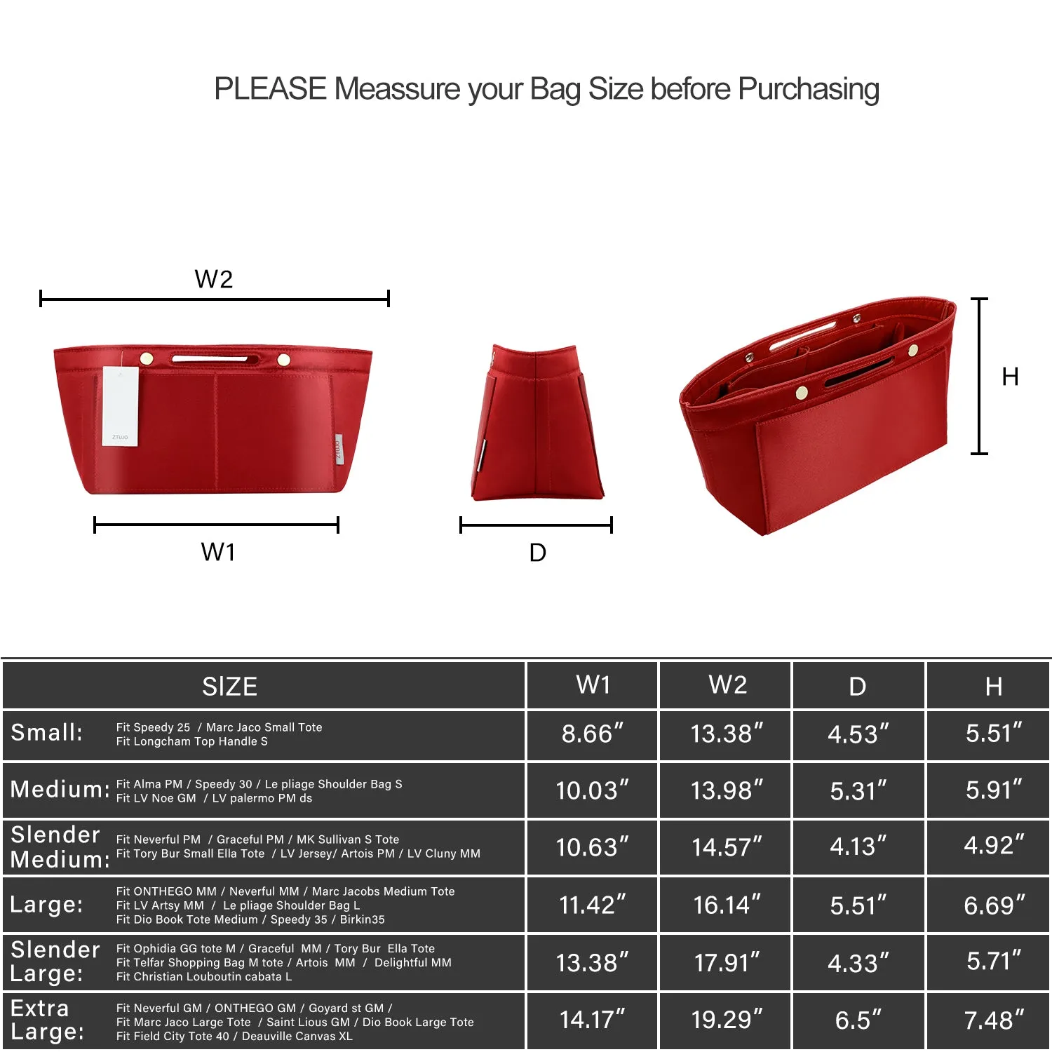 Design Purse Organizer Insert for Handbag & Tote Shaper, Tote Bag Organizer Insert for Speedy Neverfull - Available in 6 Sizes.