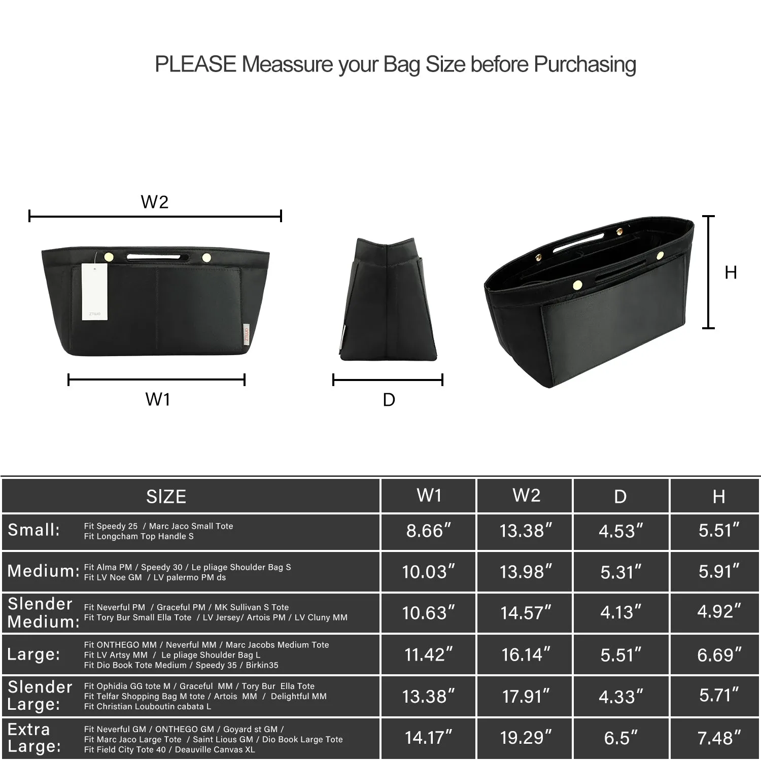 Design Purse Organizer Insert for Handbag & Tote Shaper, Tote Bag Organizer Insert for Speedy Neverfull - Available in 6 Sizes.