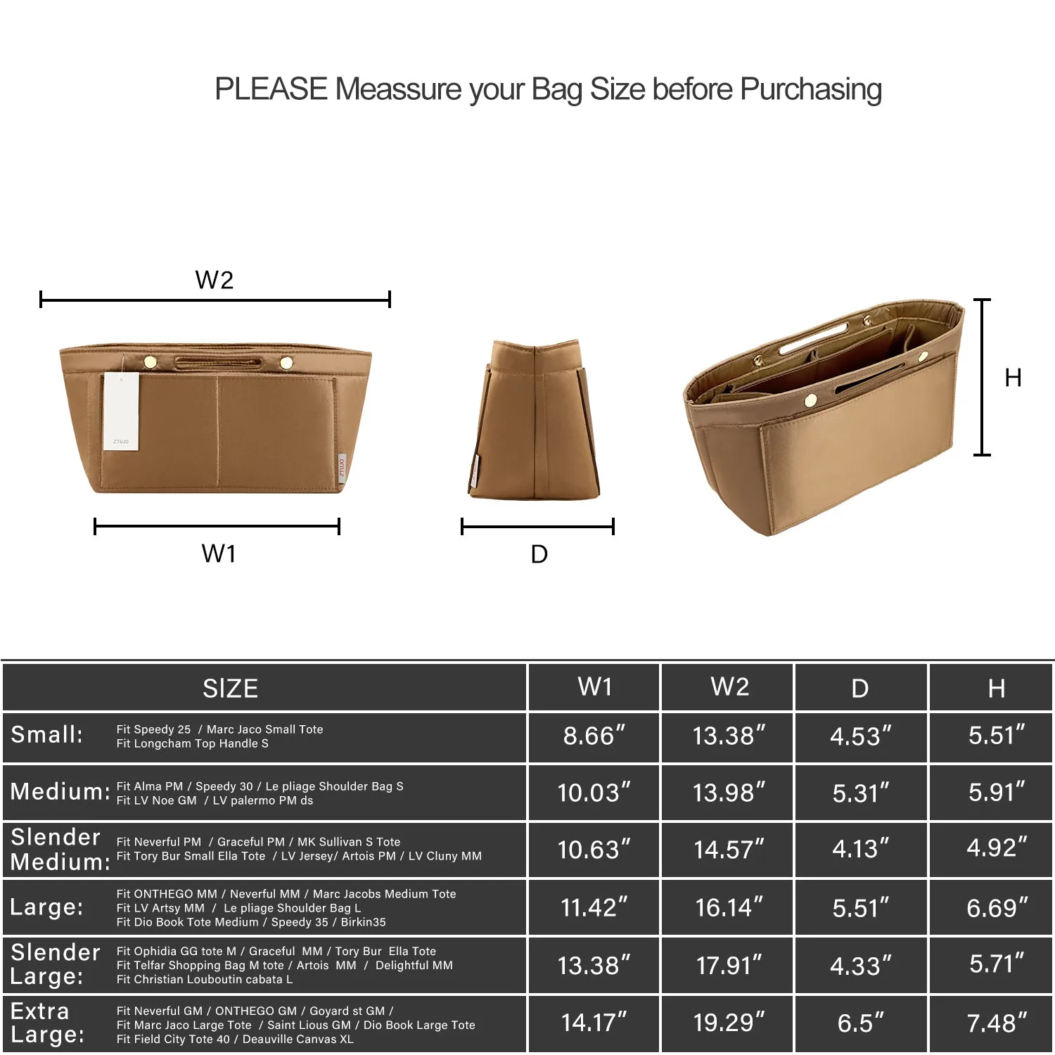 Design Purse Organizer Insert for Handbag & Tote Shaper, Tote Bag Organizer Insert for Speedy Neverfull - Available in 6 Sizes.